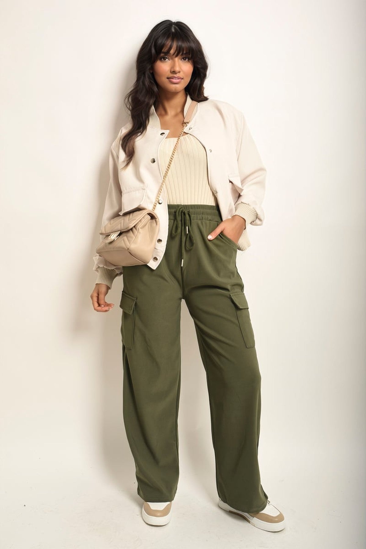 Faye Wide Leg Drawstring Waist Flap Pocket Trouser - KHAKI