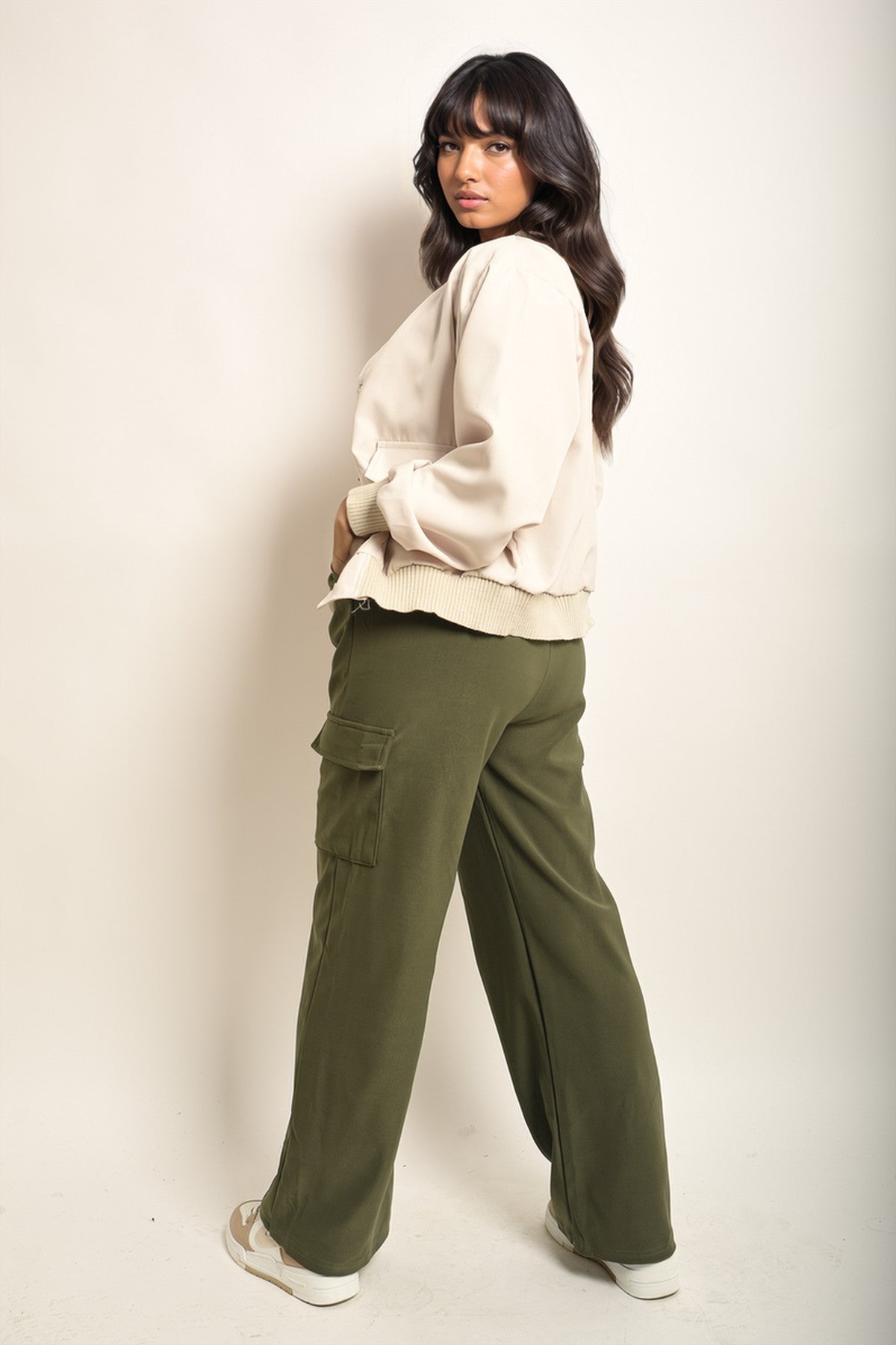 Faye Wide Leg Drawstring Waist Flap Pocket Trouser - KHAKI