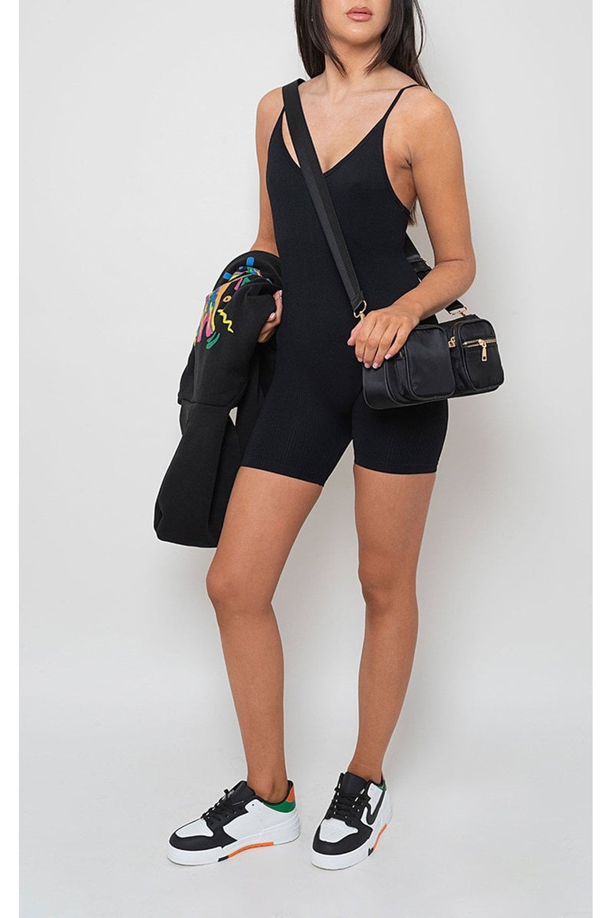 Fern Seamless Ribbed Sleeveless Strap Bodycon Jumpsuit - BLACK