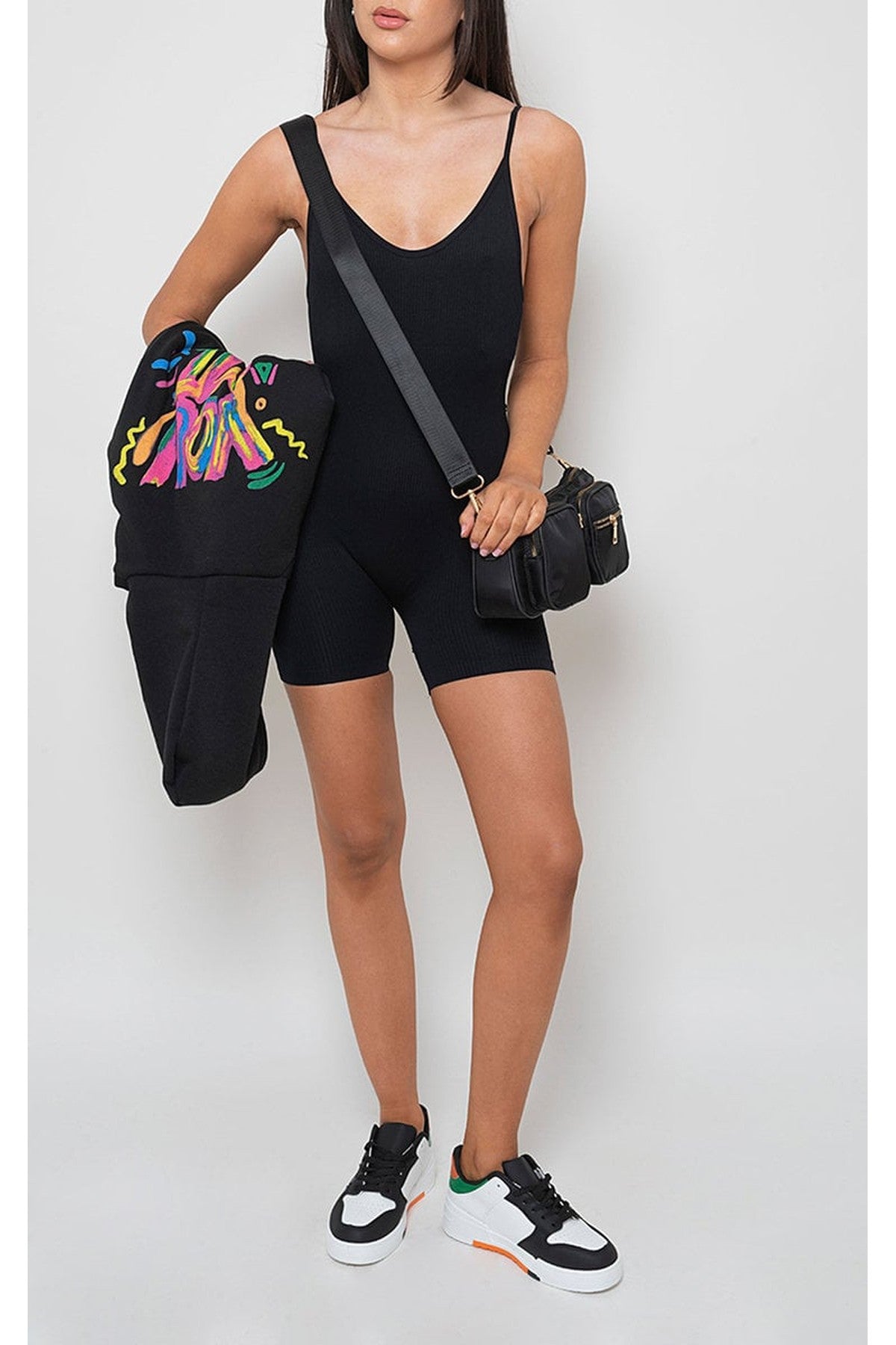 Fern Seamless Ribbed Sleeveless Strap Bodycon Jumpsuit - BLACK