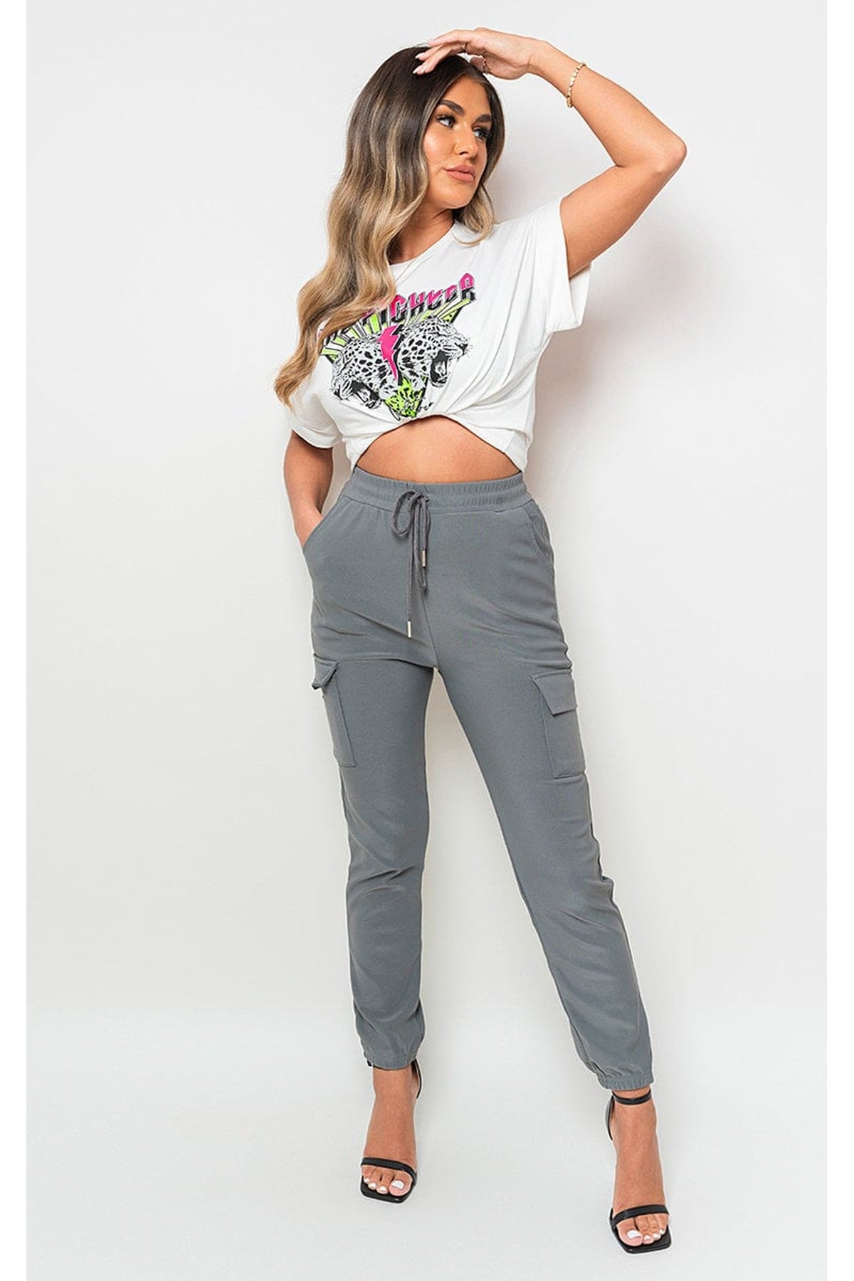 Francesca Pocket Side Drawstring Waist Cargo Trouser - GREY