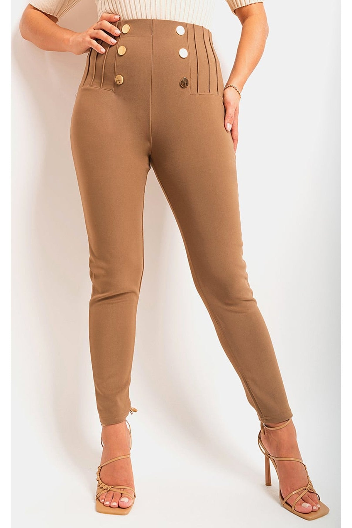 Jemma High Waisted Button Front Detail Trouser - MOCHA