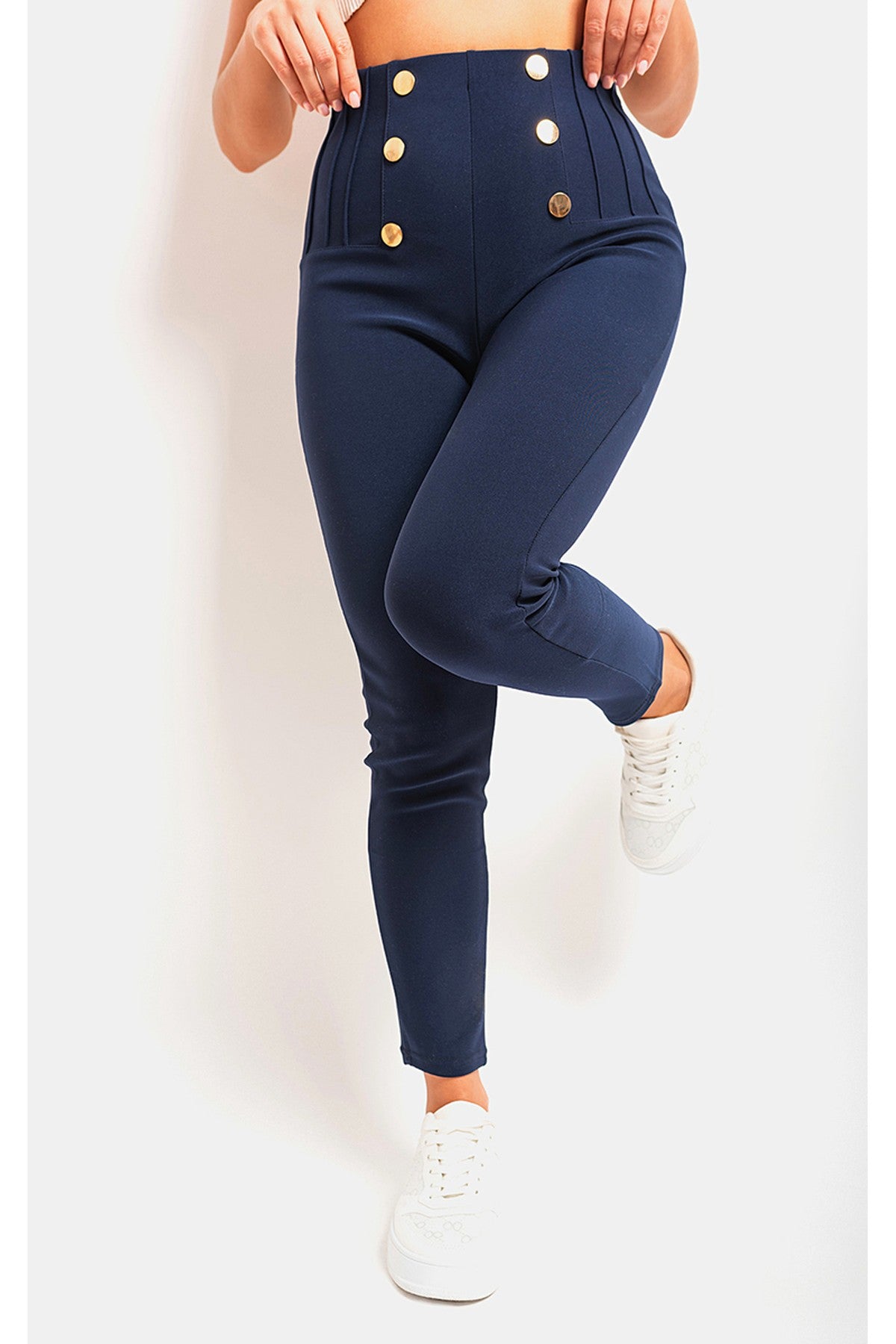 Jemma High Waisted Button Front Detail Trouser - NAVY