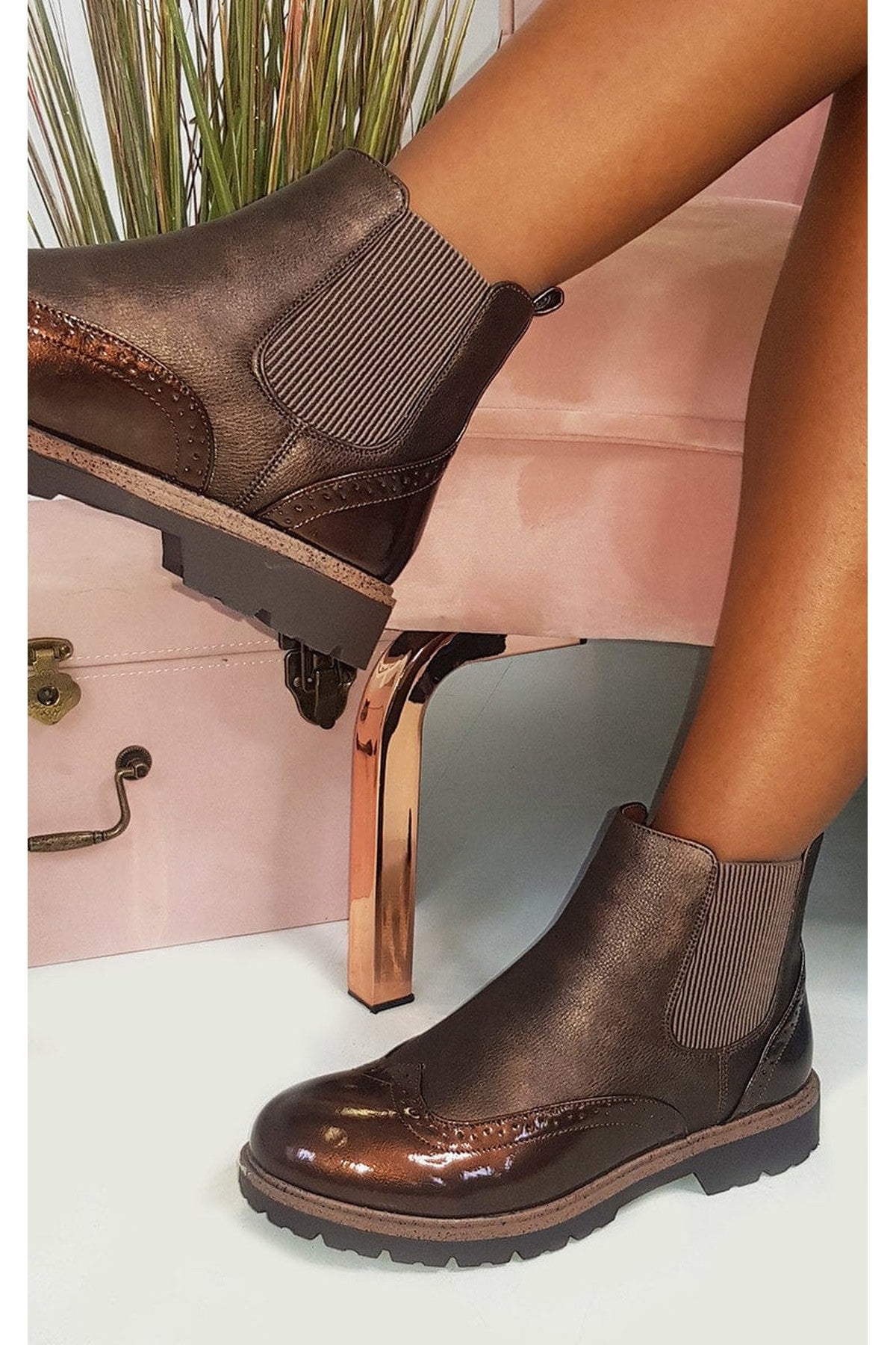 Kensie Faux Leather Brogue Chelsea Boots - BROWN