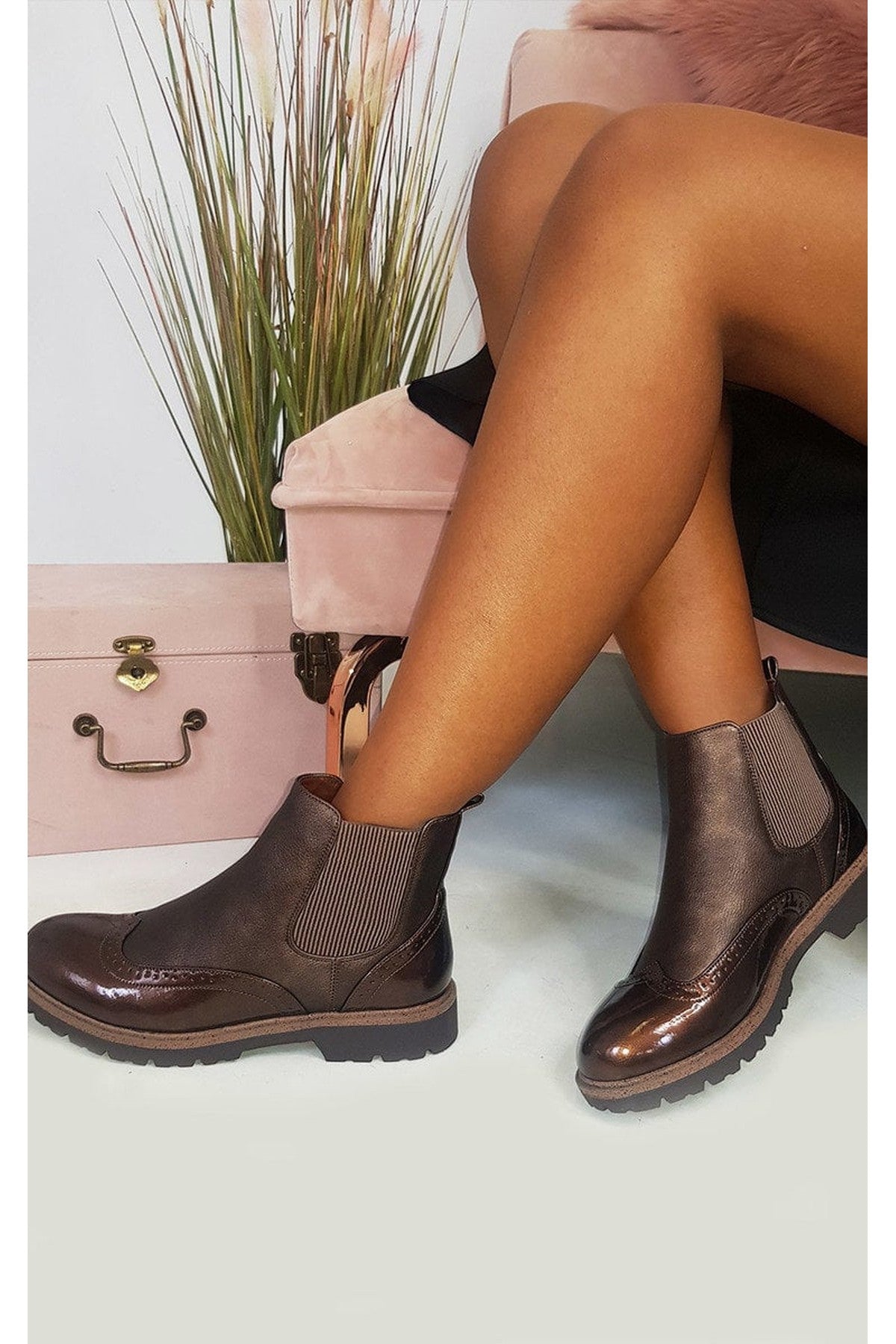 Kensie Faux Leather Brogue Chelsea Boots - BROWN