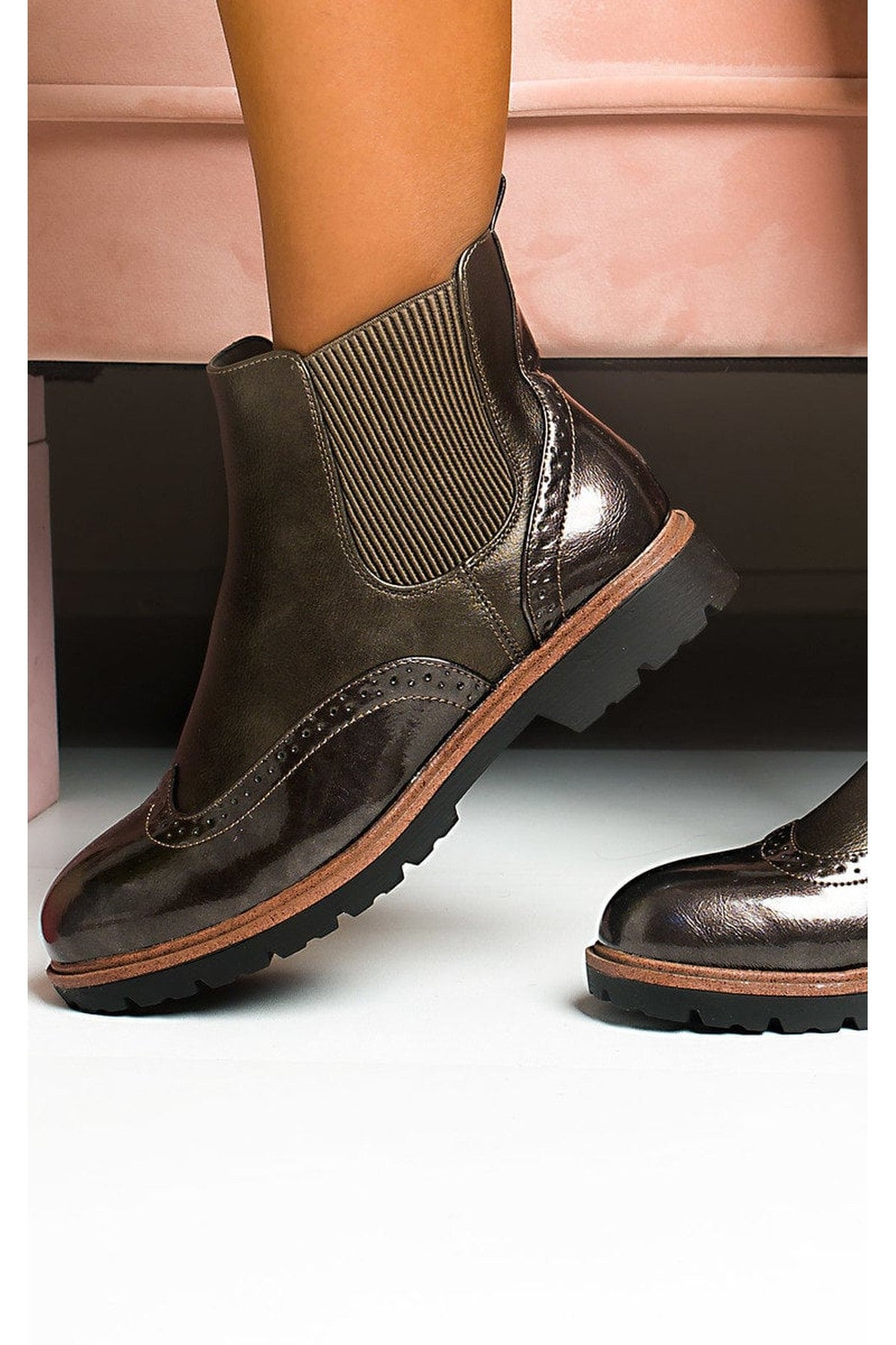 Kensie Faux Leather Brogue Chelsea Boots - GREY