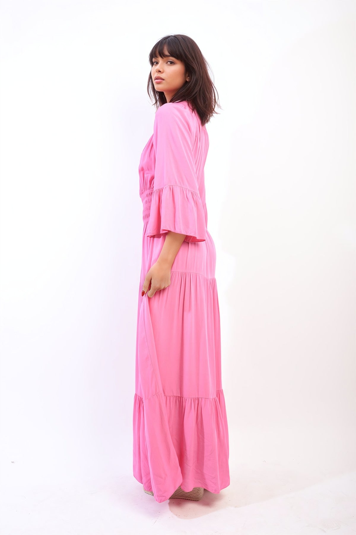 Leah Ruffle Hem Sleeve Shirred Waist Tiered Maxi Dress - FUSCHIA