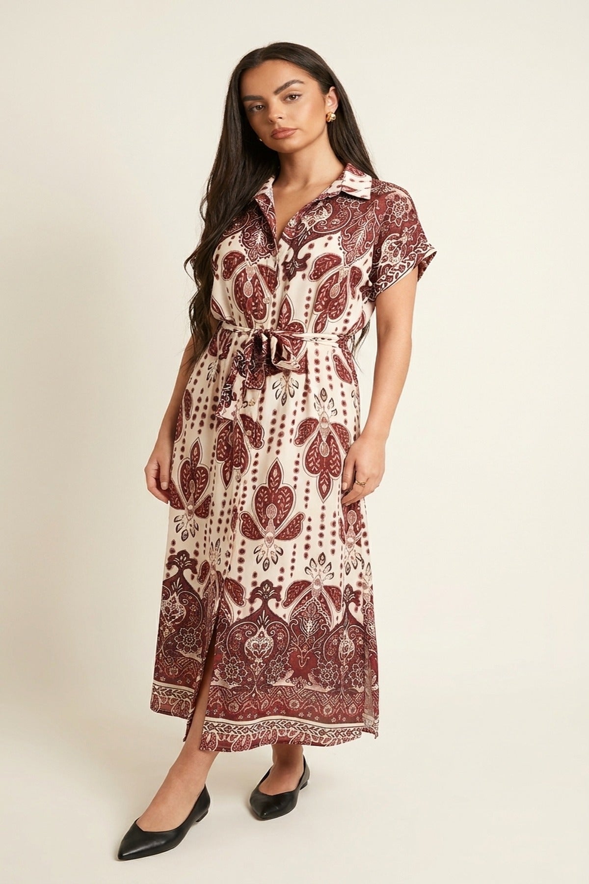 Lianne Collared Short Sleeve Midi Dress With Tie Waist - Red