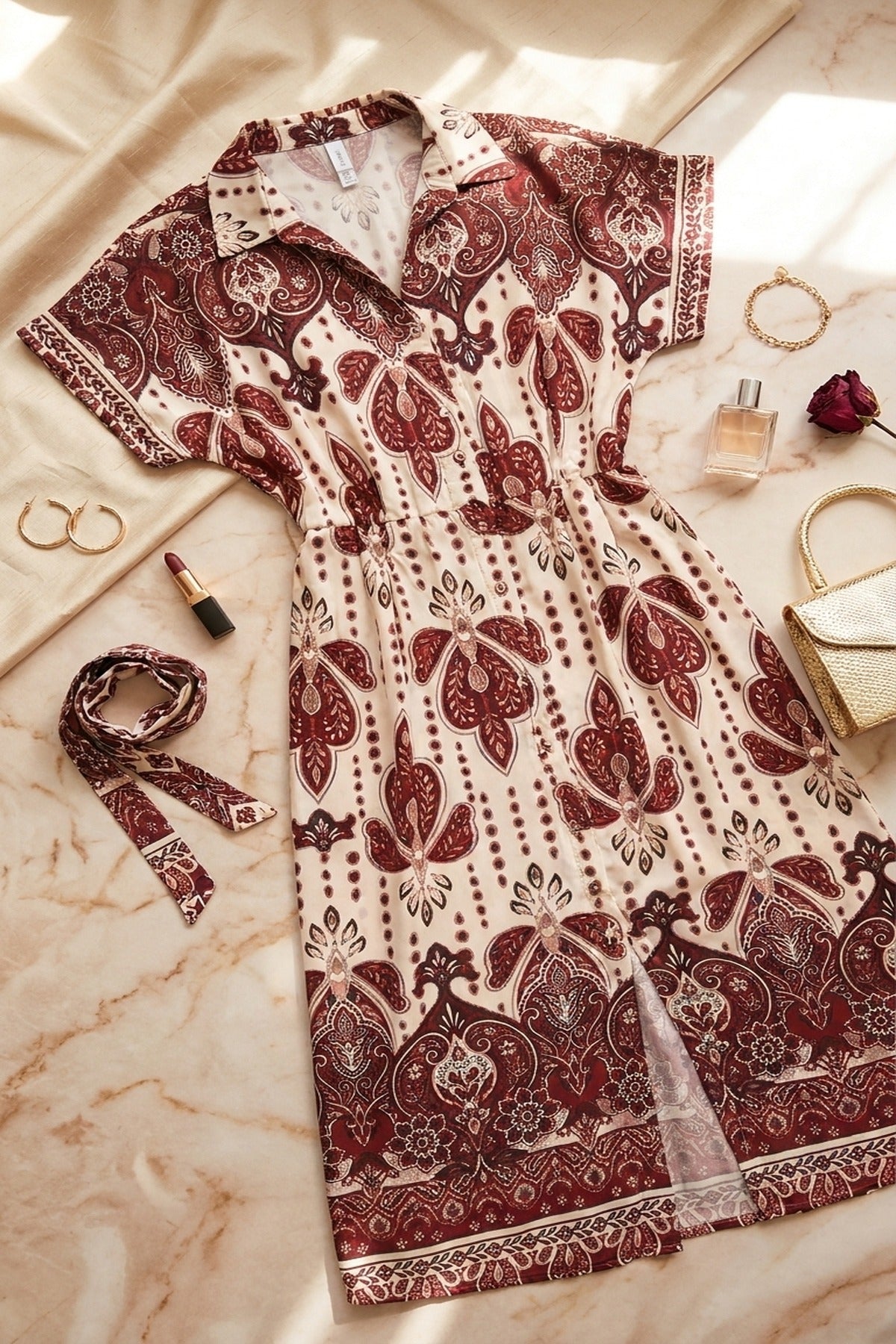 Lianne Collared Short Sleeve Midi Dress With Tie Waist - Red
