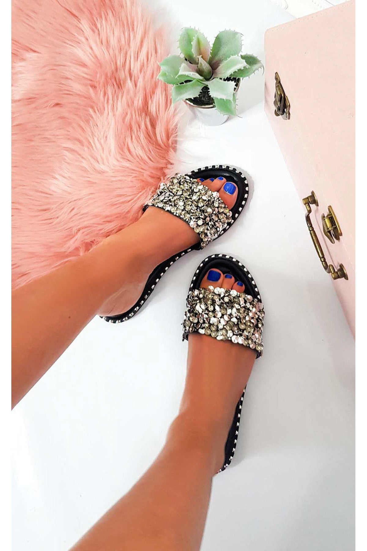 Libby Embellished Open Toe Sandals - BLACK