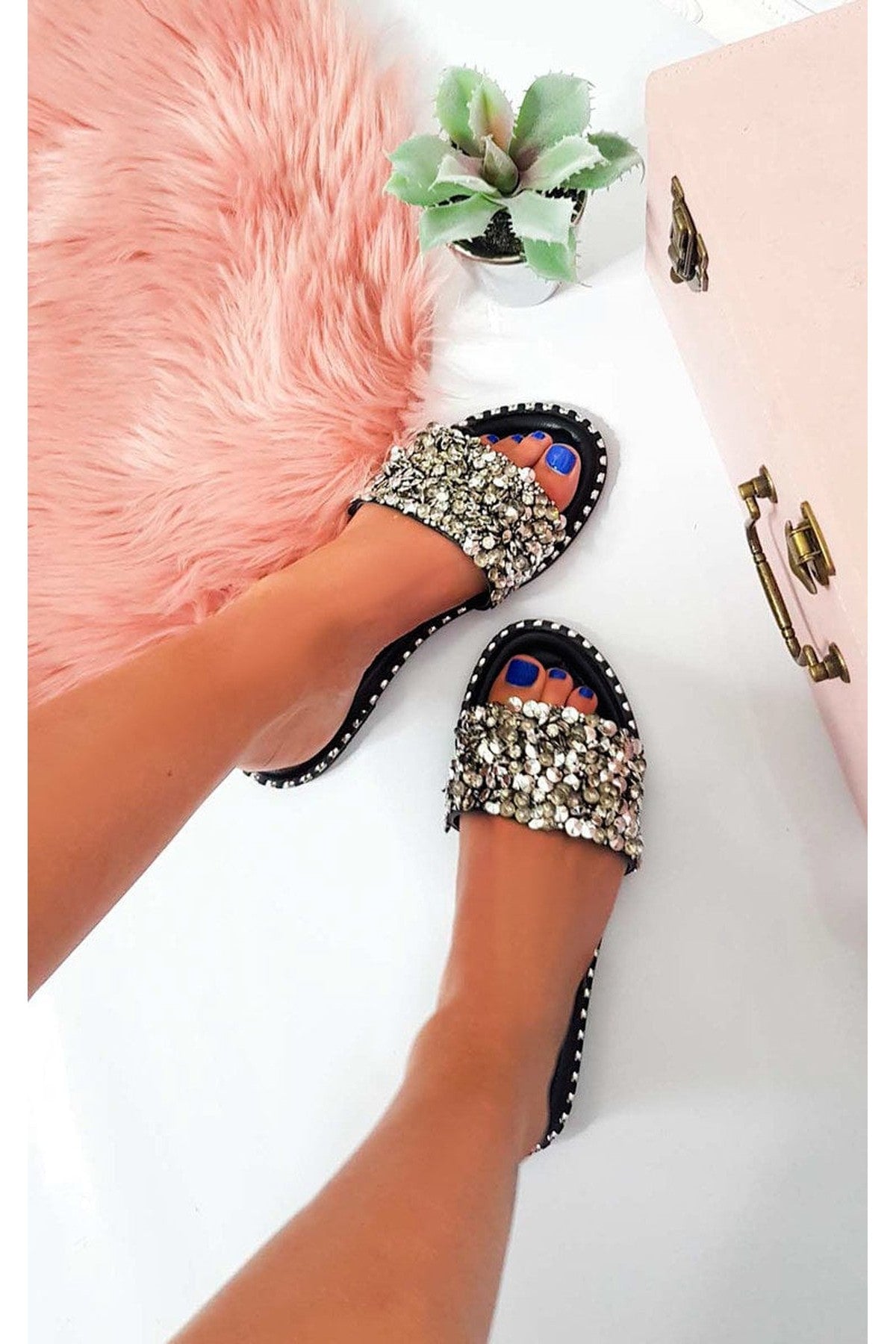 Libby Embellished Open Toe Sandals - BLACK