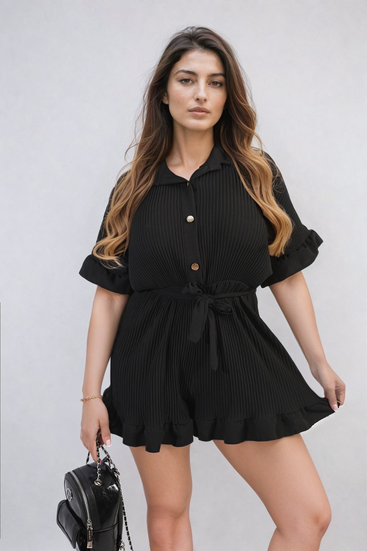 Marissa Pleated Frill Ruffle Tie Waist Playsuit - BLACK