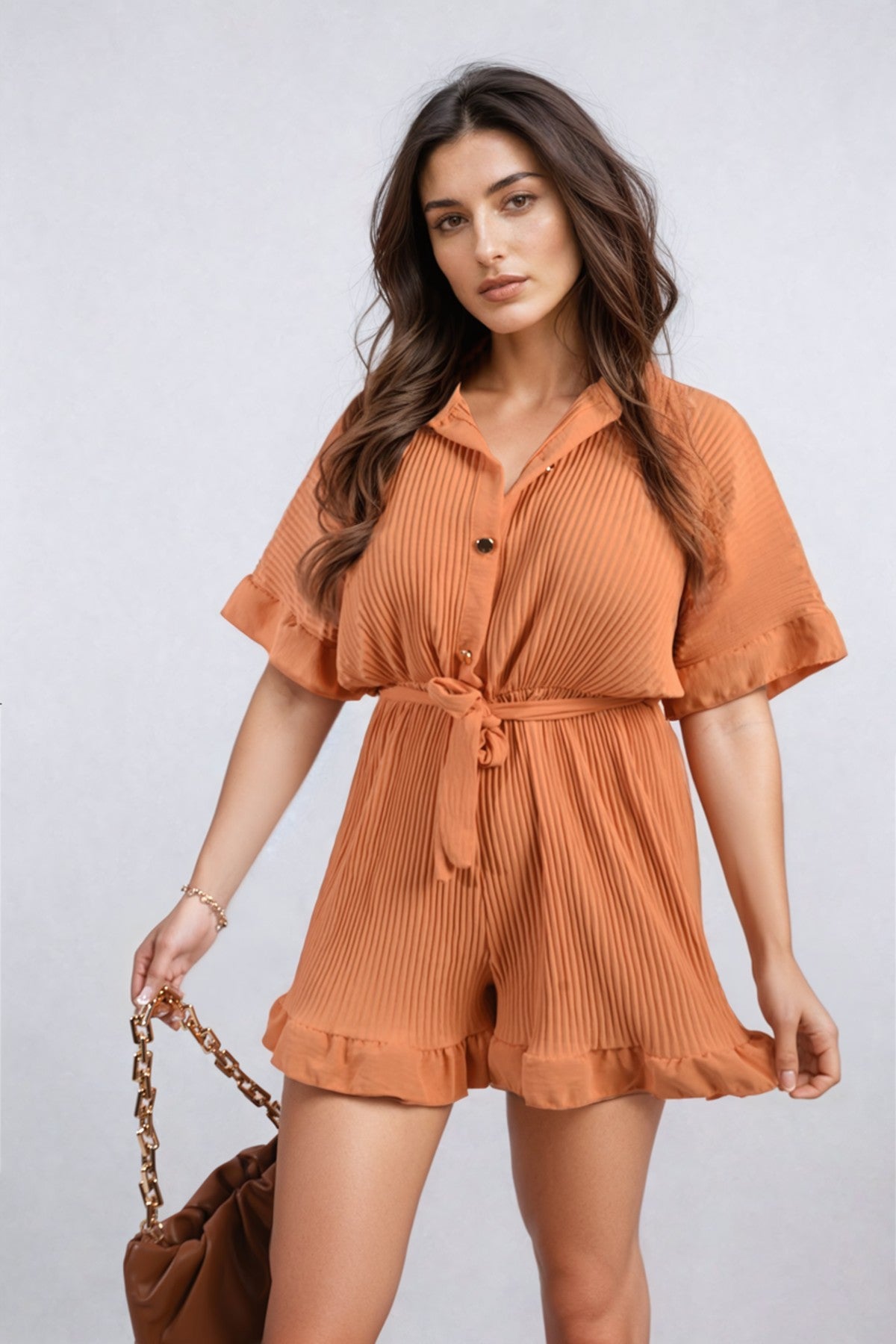 Marissa Pleated Frill Ruffle Tie Waist Playsuit - ORANGE