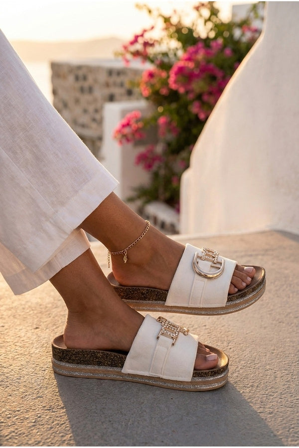Mia Womens Embellished Cork Platform Sliders - WHITE