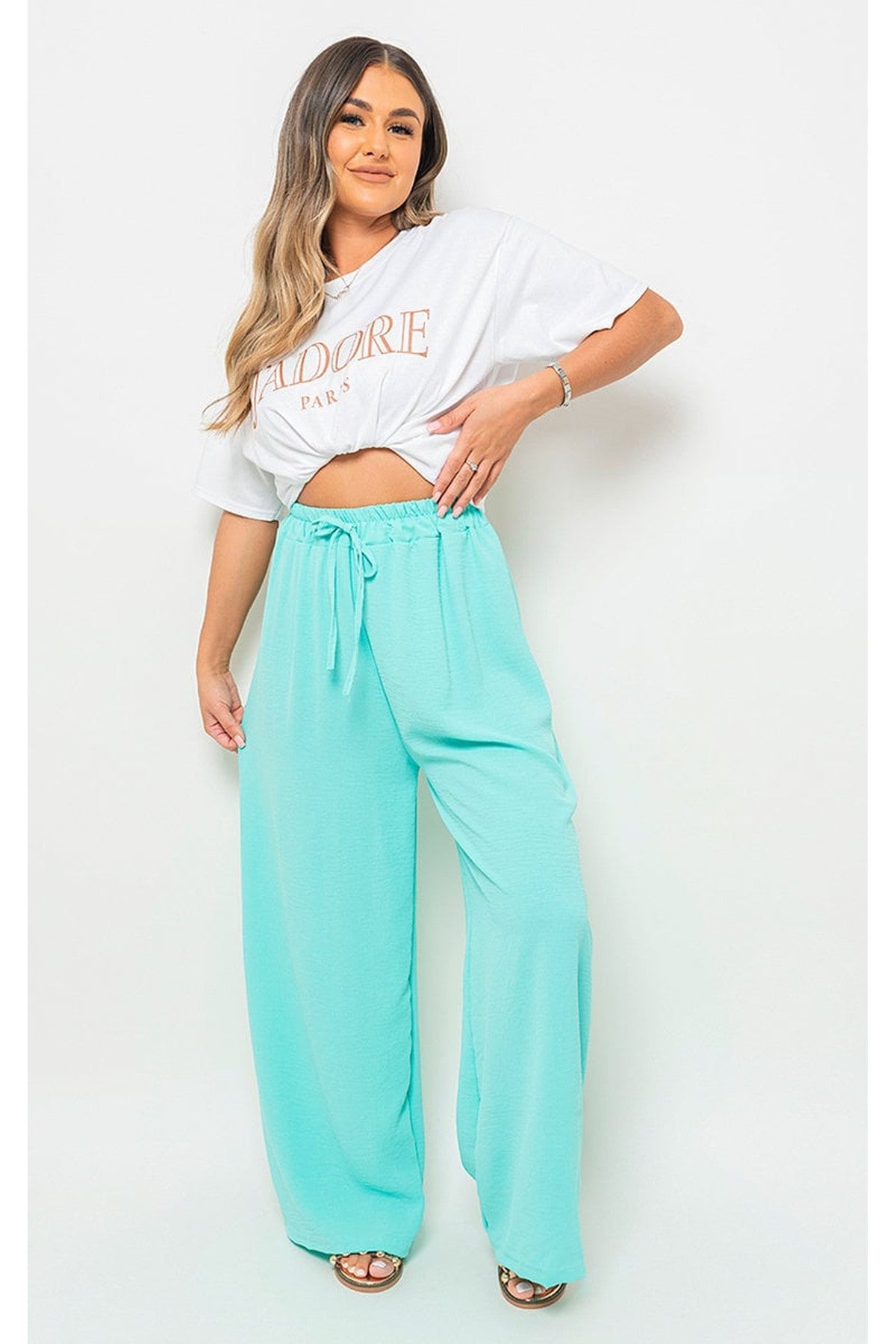 Mollie Drawstring Gathered Waist Wide Leg Trouser - MINT