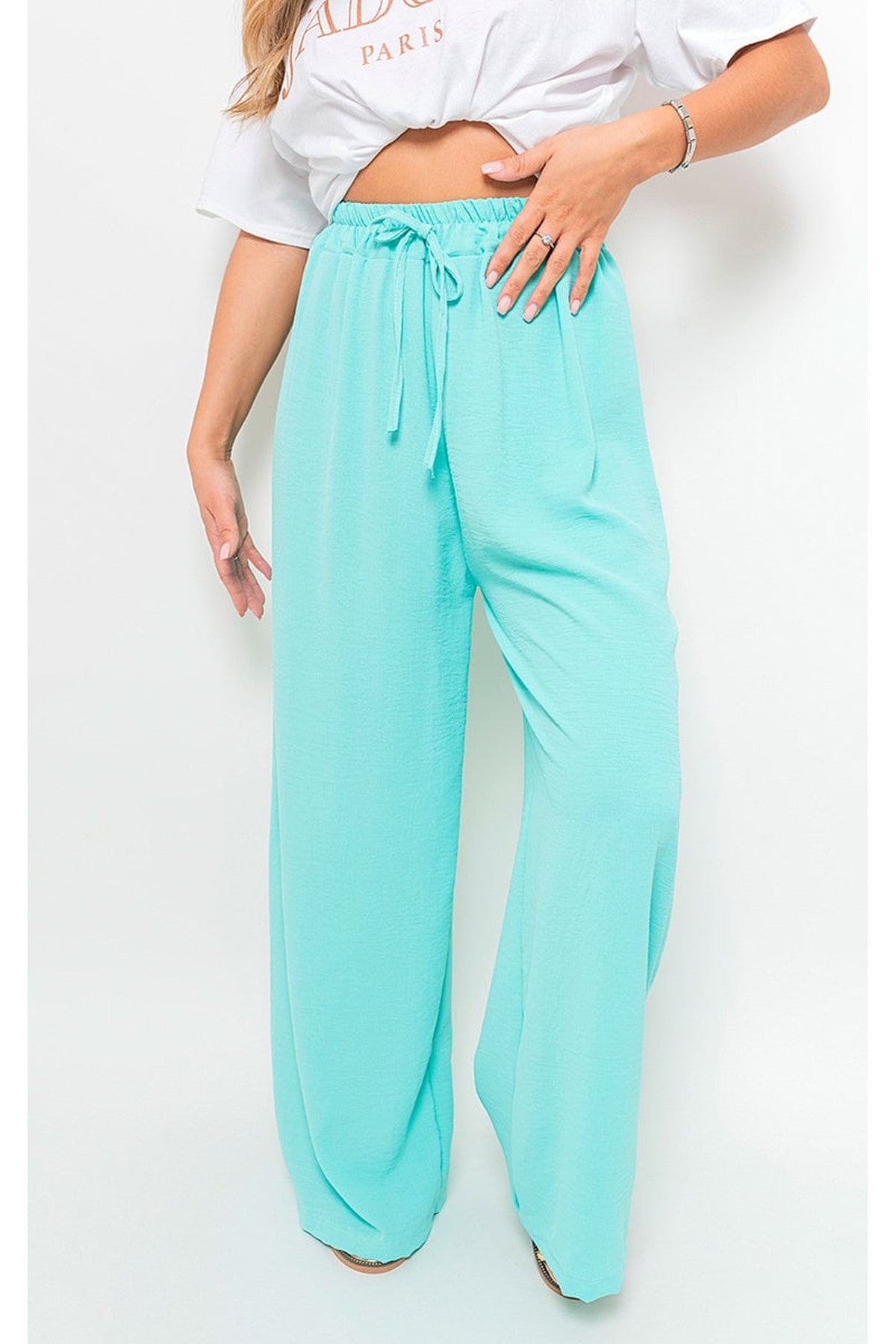 Mollie Drawstring Gathered Waist Wide Leg Trouser - MINT