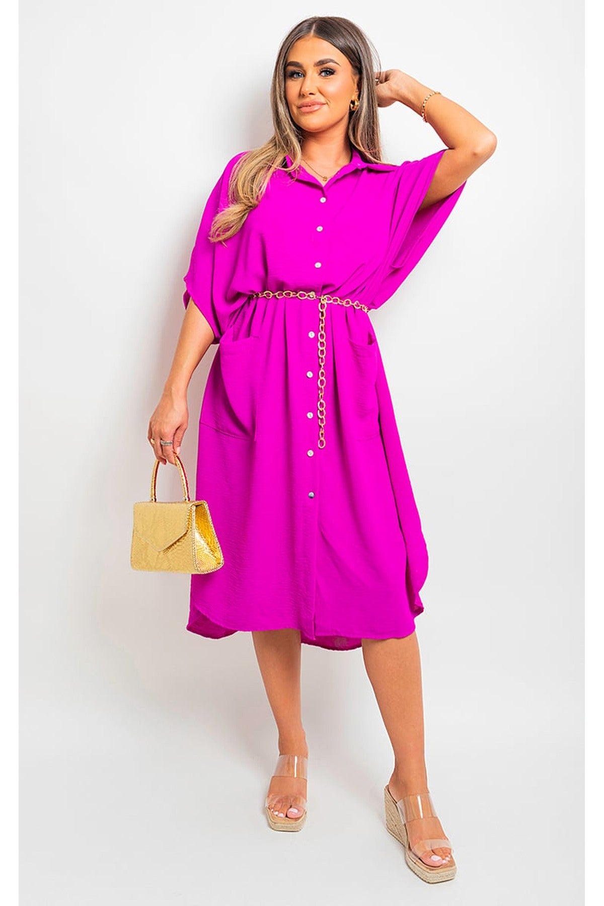 Nancy Button Down Collared Midi Dress With Two Front Pockets - MAGENTA