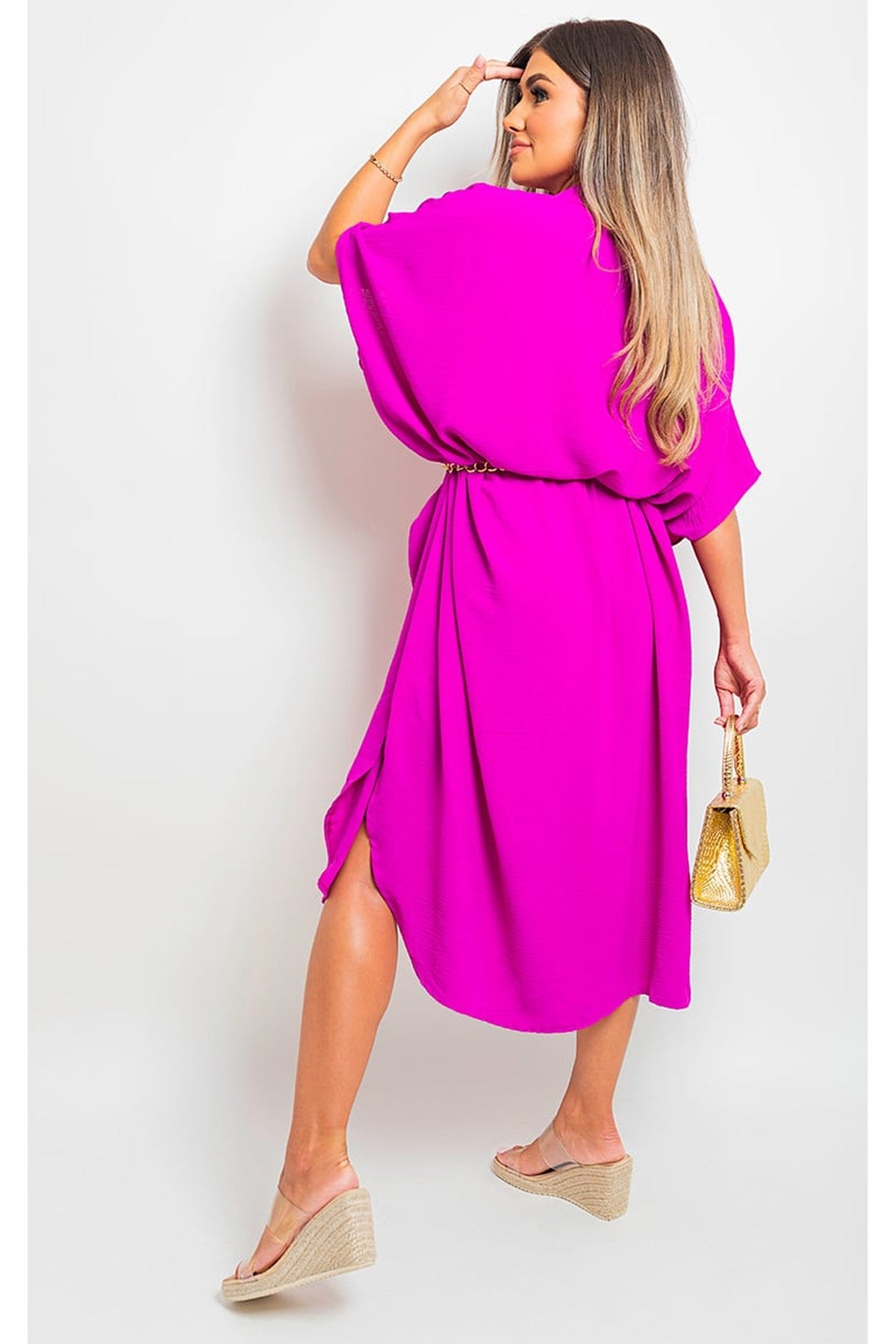 Nancy Button Down Collared Midi Dress With Two Front Pockets - MAGENTA