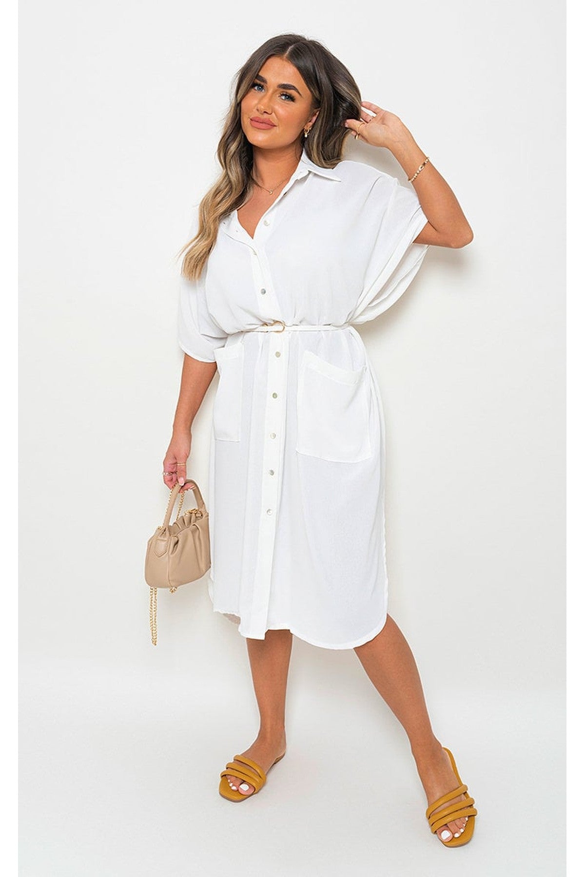 Nancy Button Down Collared Midi Dress With Two Front Pockets - WHITE