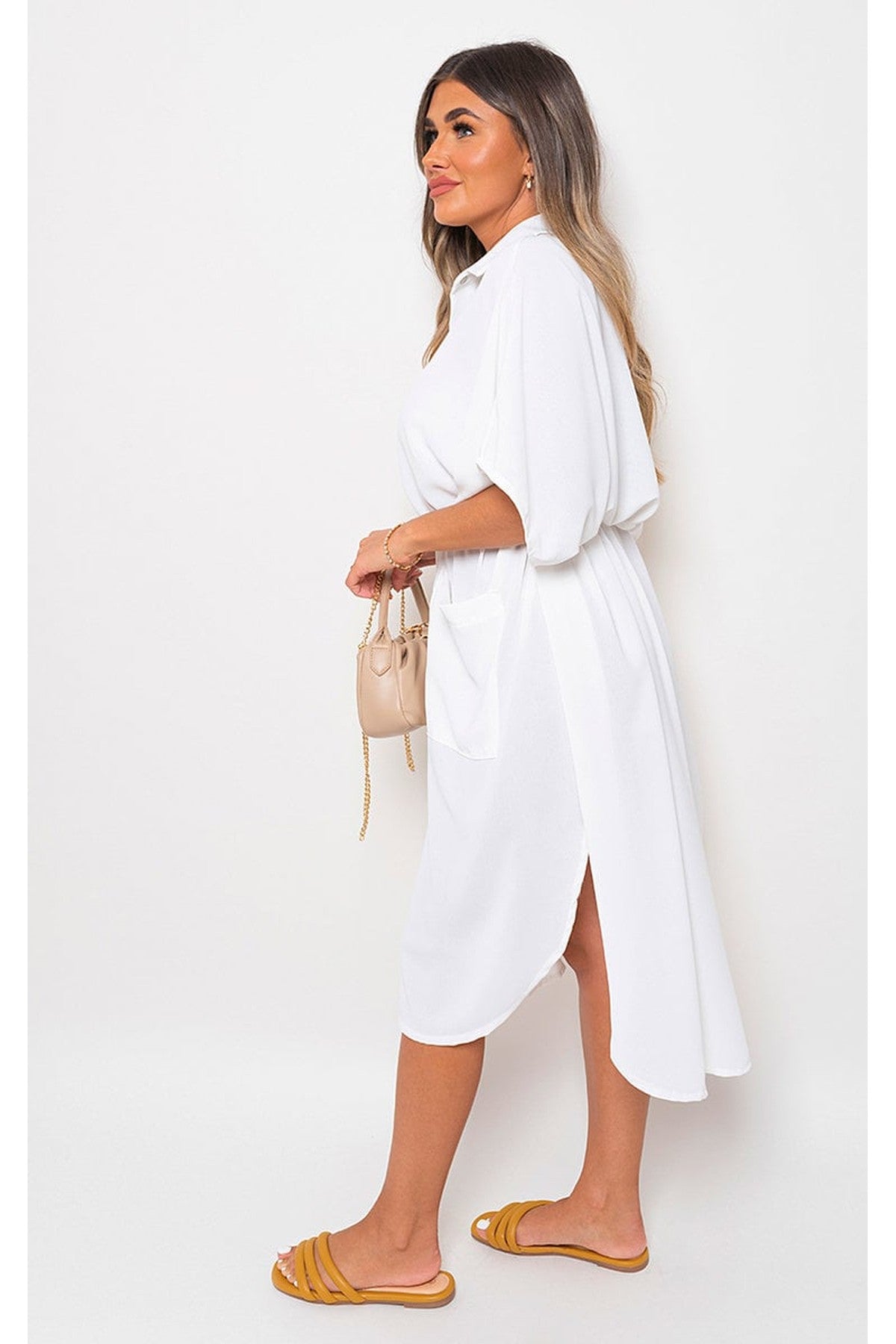 Nancy Button Down Collared Midi Dress With Two Front Pockets - WHITE