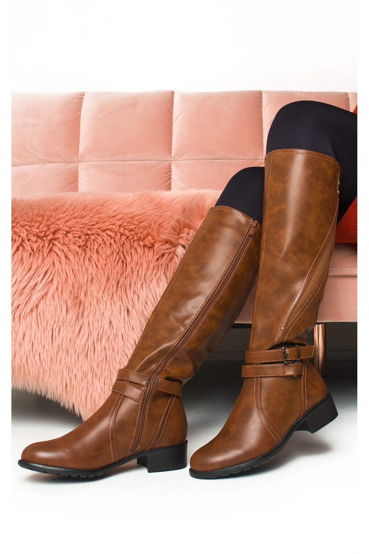 Nina Faux Leather Buckle Knee High Boots - CAMEL