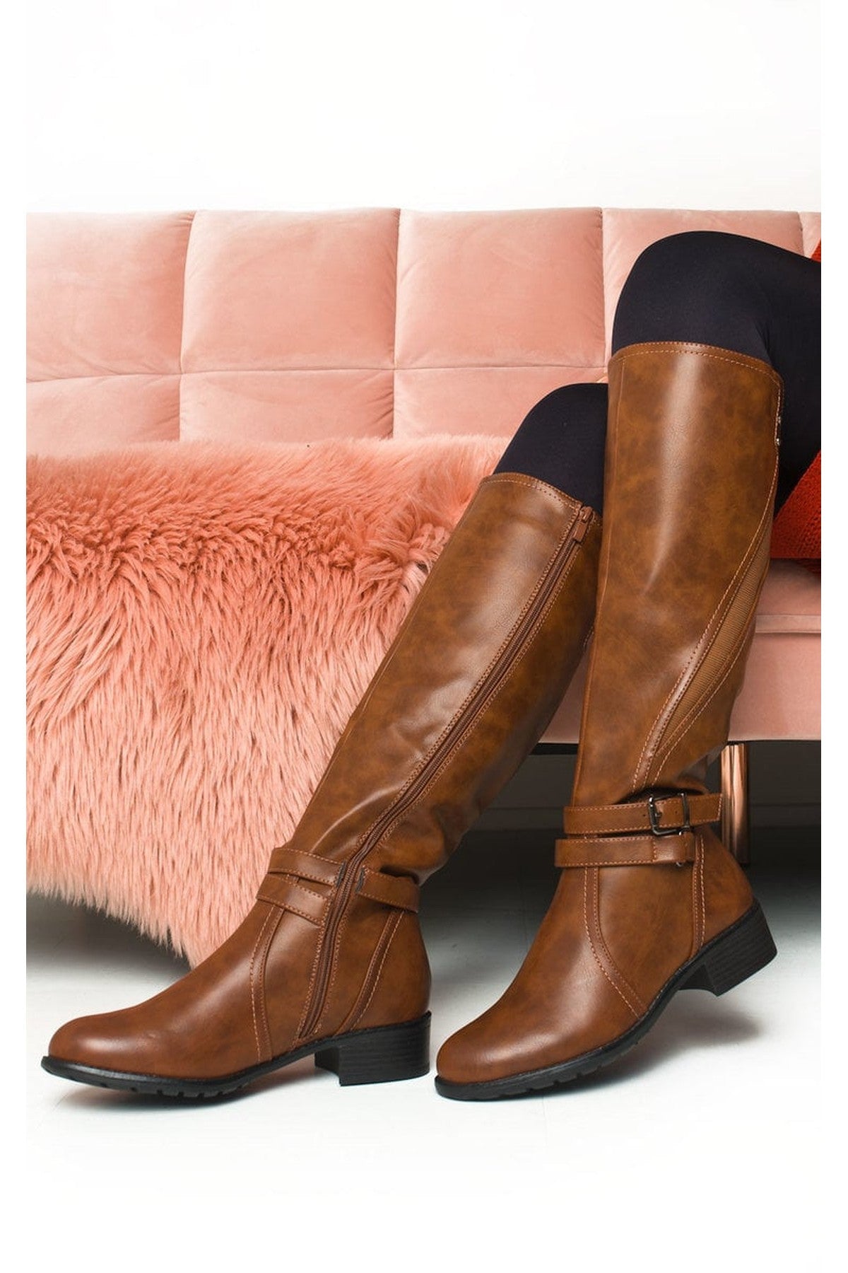 Nina Faux Leather Buckle Knee High Boots - CAMEL