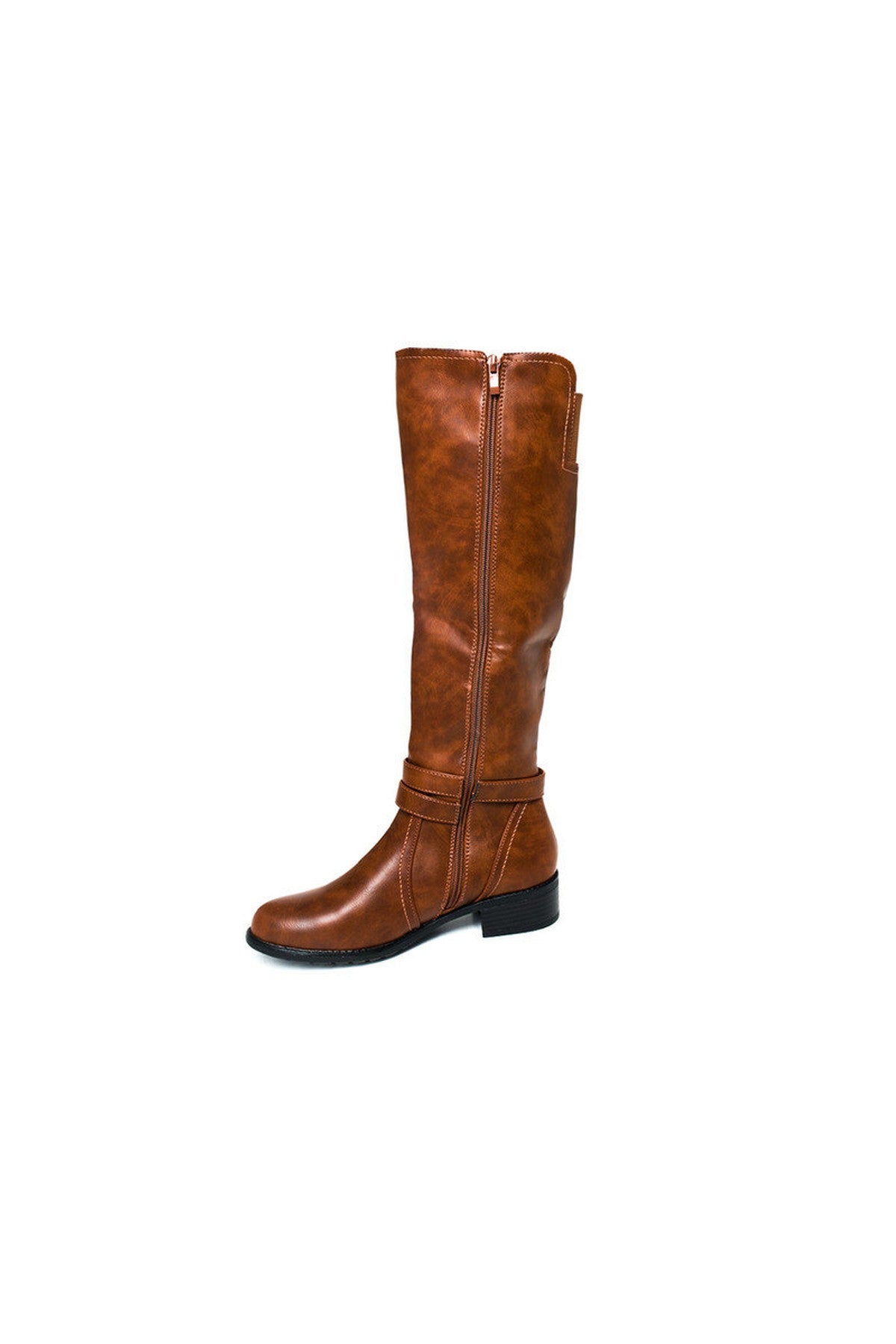 Nina Faux Leather Buckle Knee High Boots - CAMEL