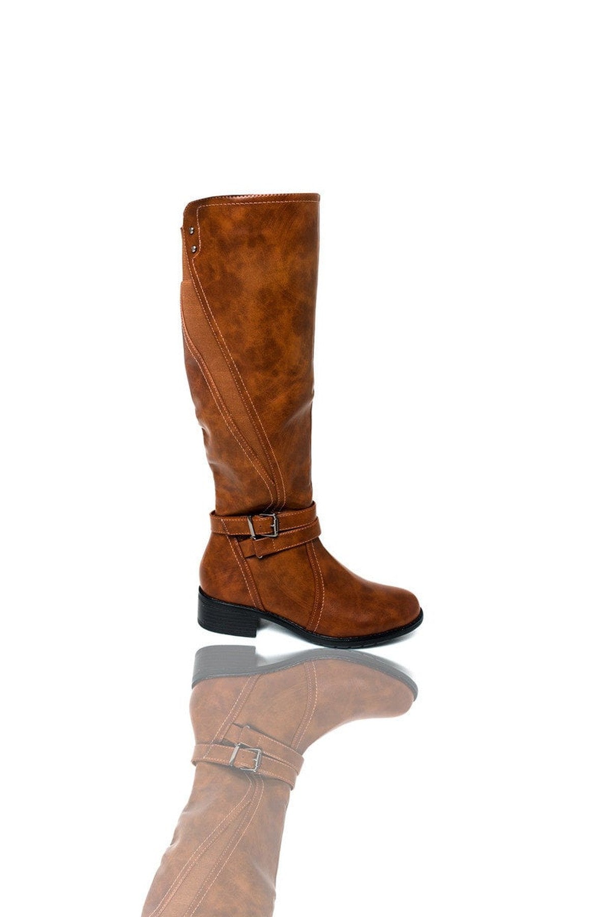 Nina Faux Leather Buckle Knee High Boots - CAMEL