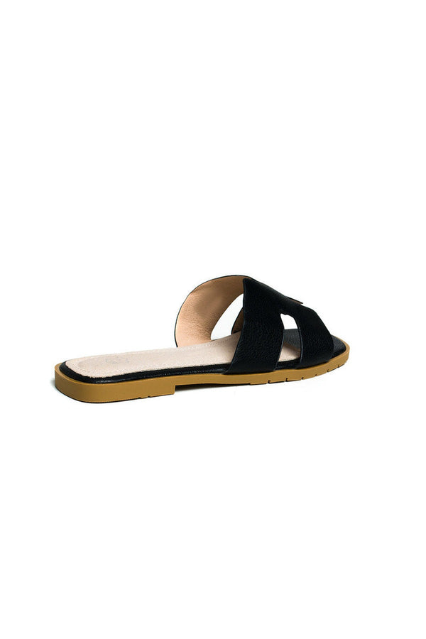 Nora Faux Leather Slip On Sandals - BLACK
