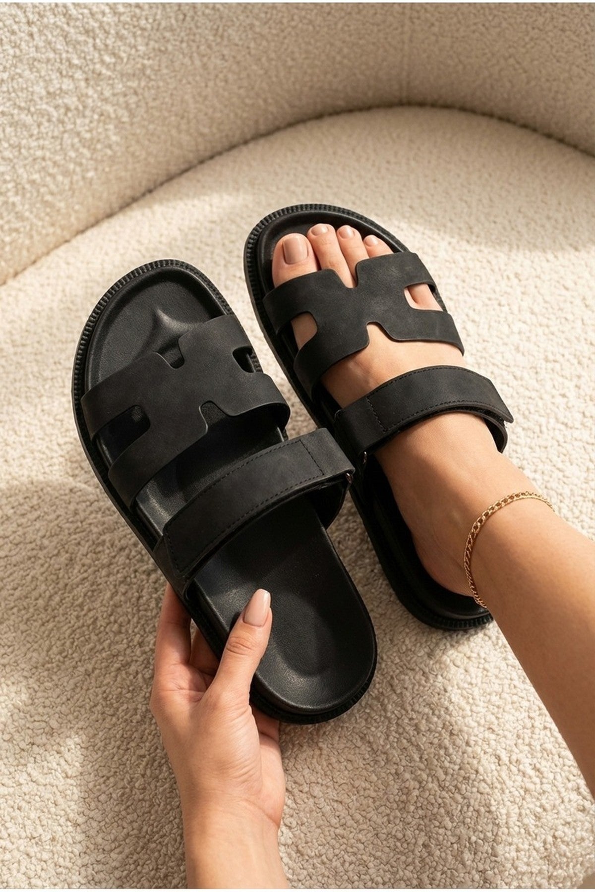 Nora Womens Double Strap Slide Sandals - Black
