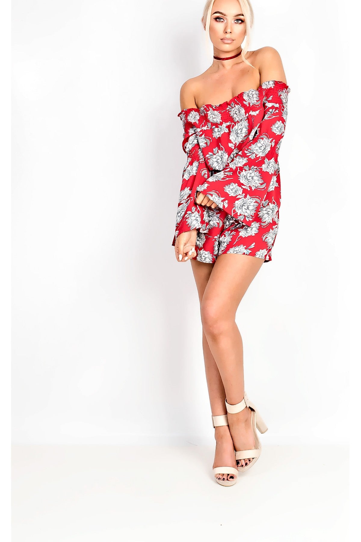 Ornelia Bardot Floral Playsuit - RED