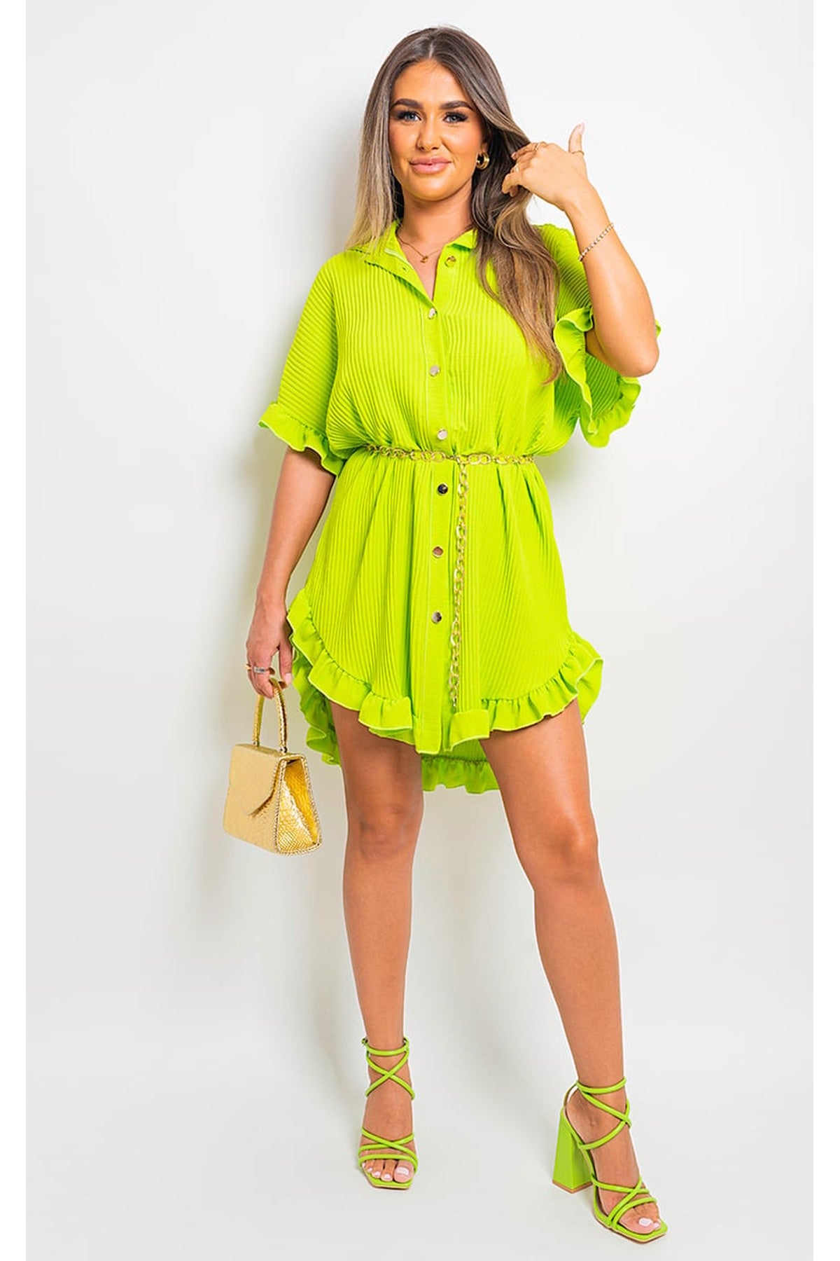 Prisha Button Down Oversized Ruffle Short Sleeve Mini Dress - APPLE