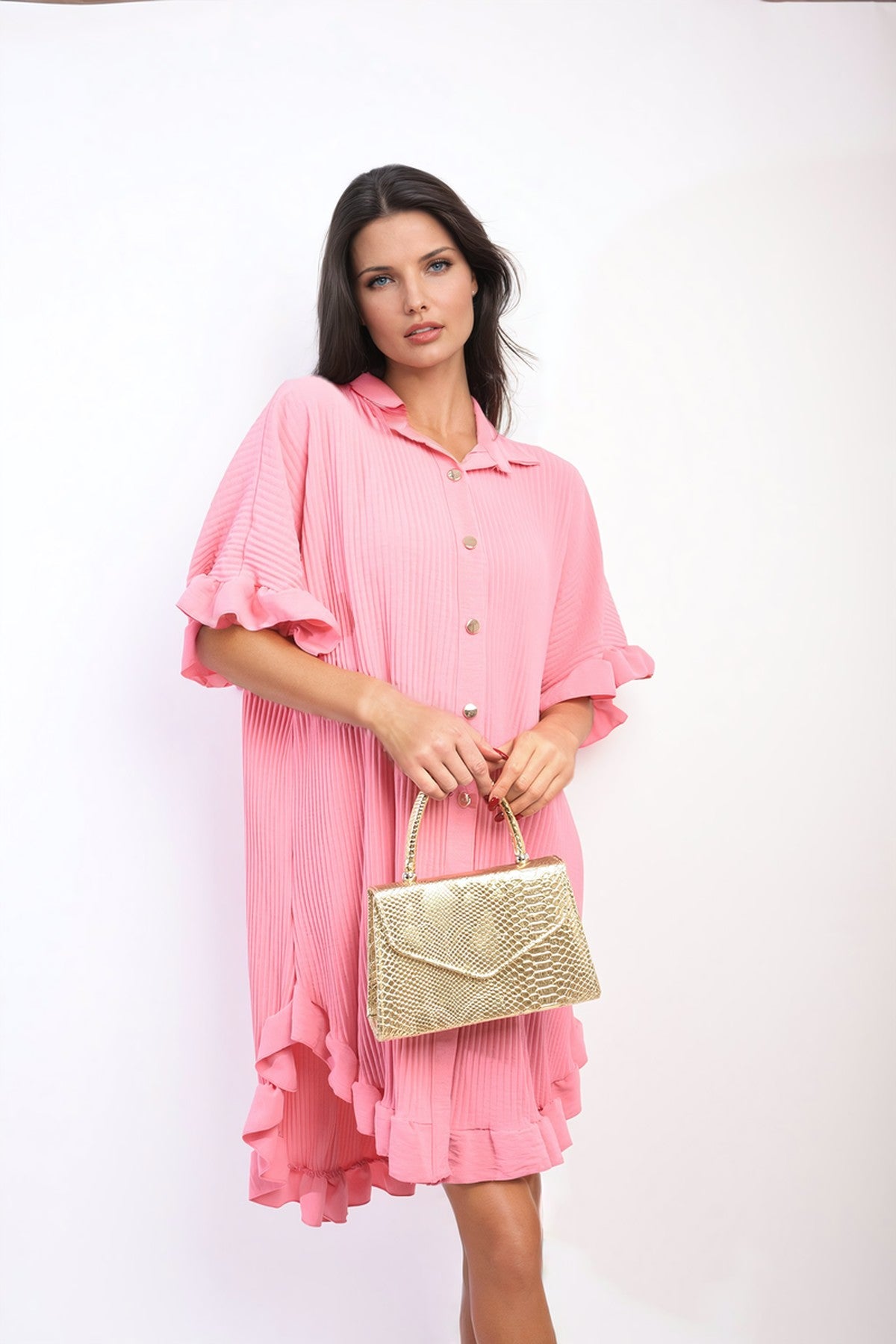 Prisha Button Down Oversized Ruffle Short Sleeve Mini Dress - PINK
