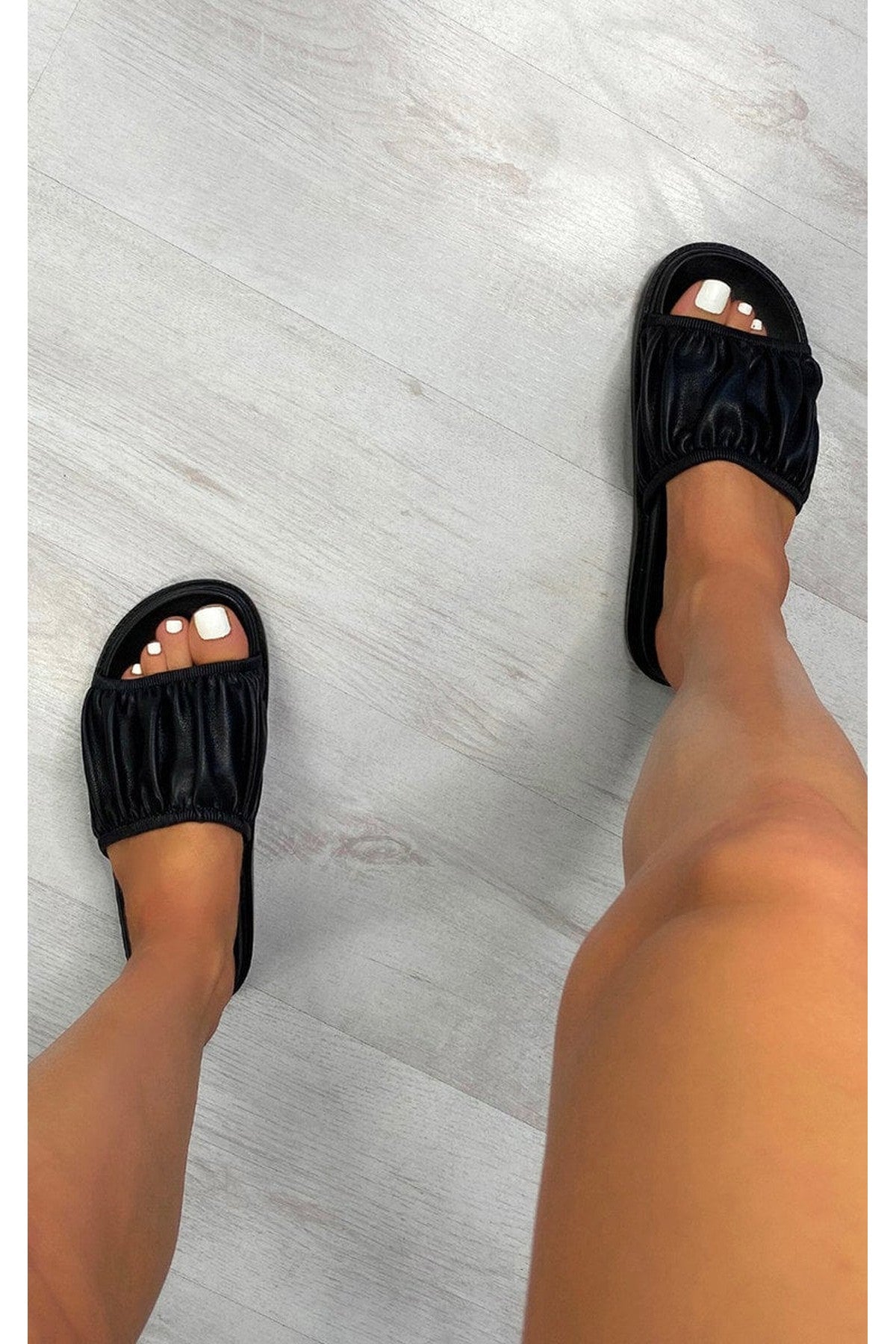 Rachel Ruched Slider - BLACK PU