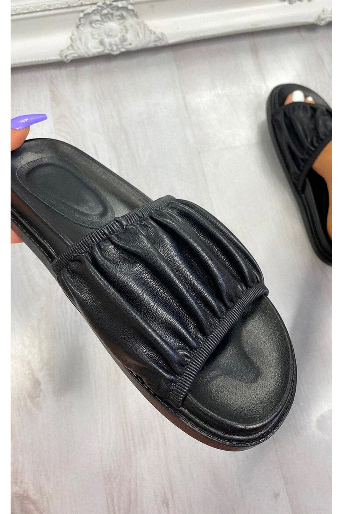Rachel Ruched Slider - BLACK PU