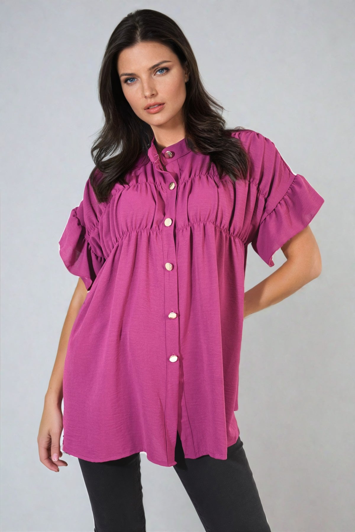 Rebecca Button Down Pleated Frill Tops - MAGENTA