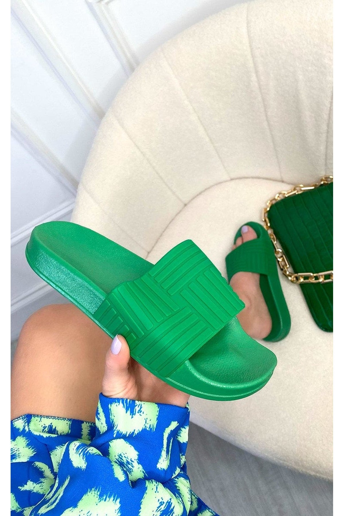Rhian Faux Leather Slip On Sliders - GREEN