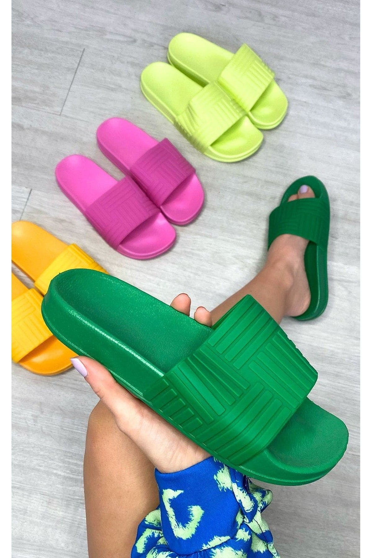 Rhian Faux Leather Slip On Sliders - GREEN
