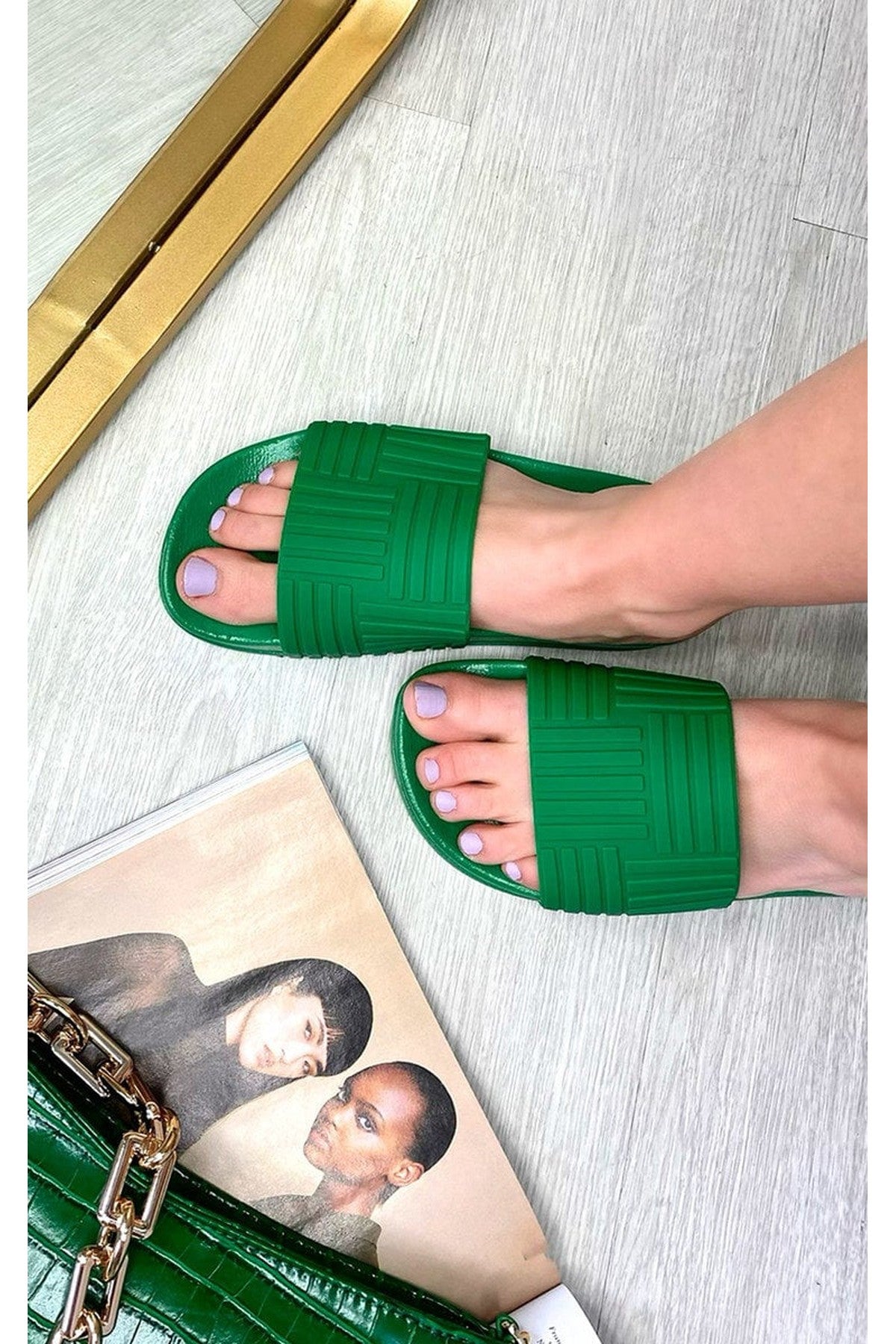 Rhian Faux Leather Slip On Sliders - GREEN