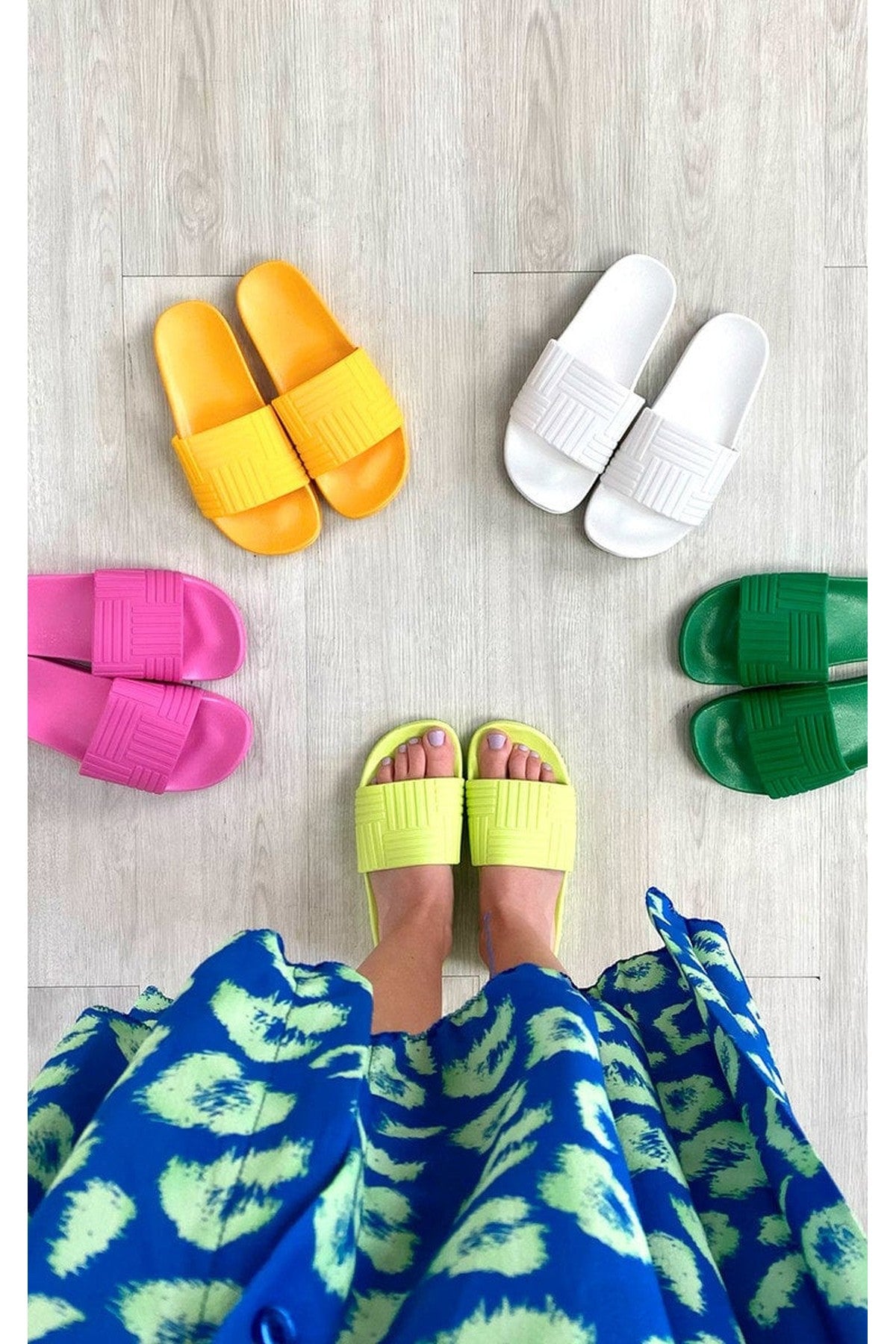 Rhian Faux Leather Slip On Sliders - LIME