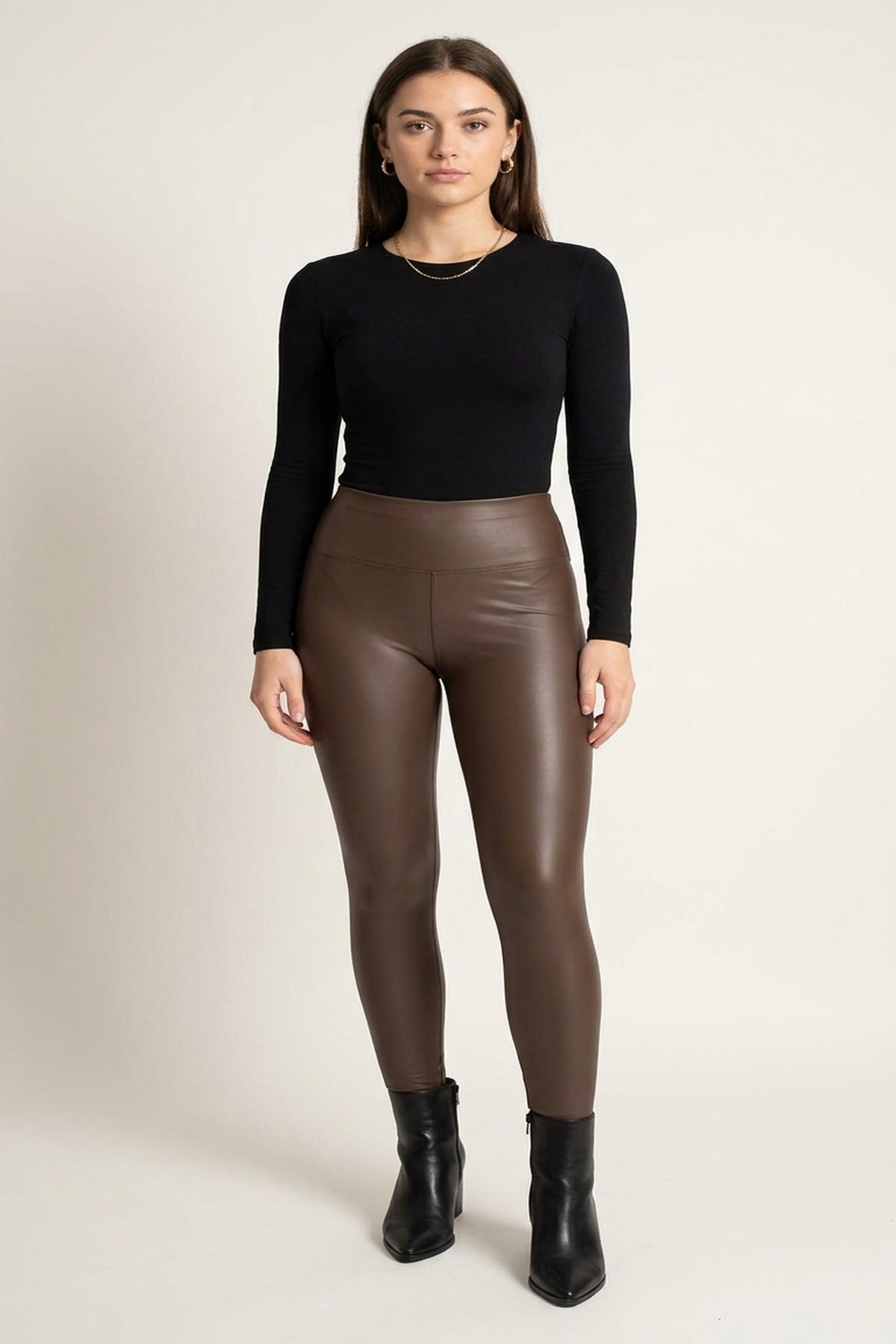 Serina High Waisted Faux Leather Leggings - Brown