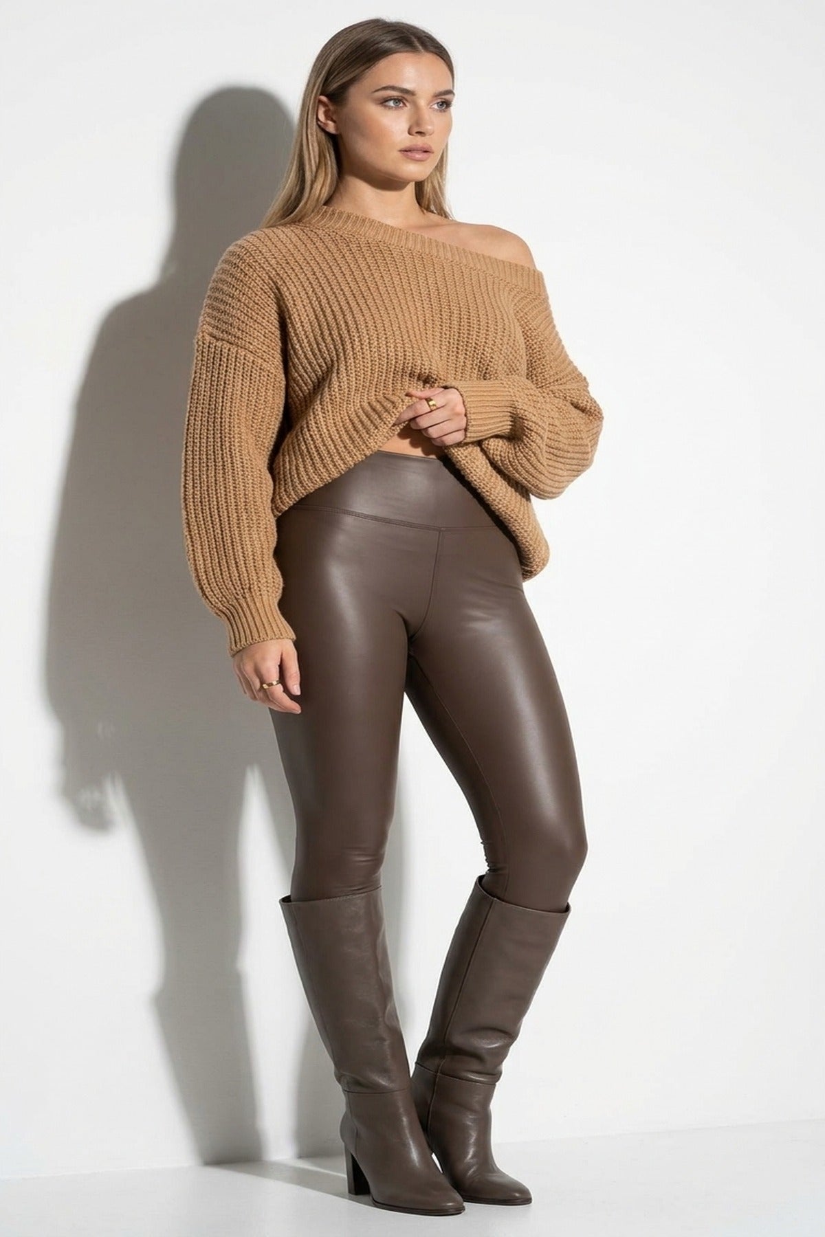 Serina High Waisted Faux Leather Leggings - Brown