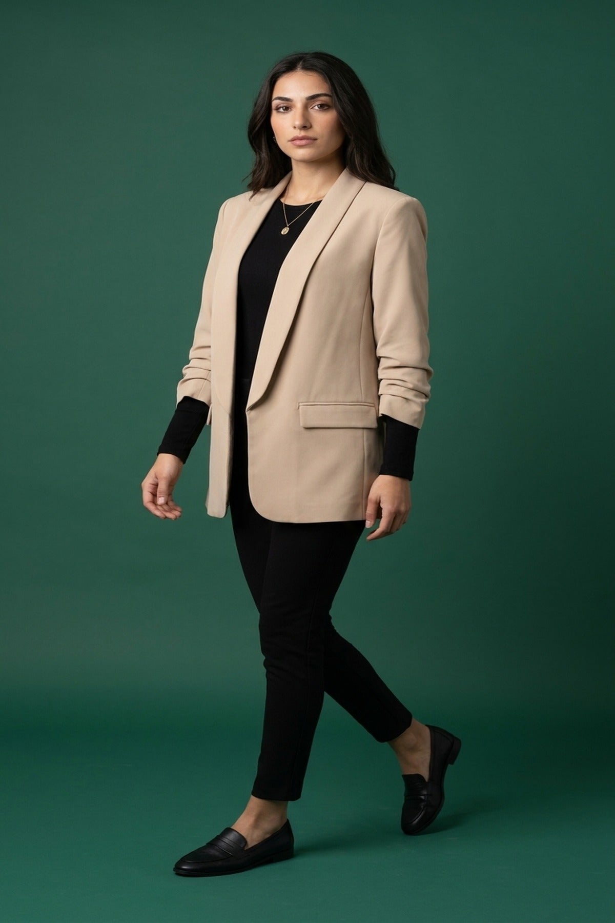 Valerie Ruched Sleeve Open Front Blazer Jacket With Front Pockets - Beige