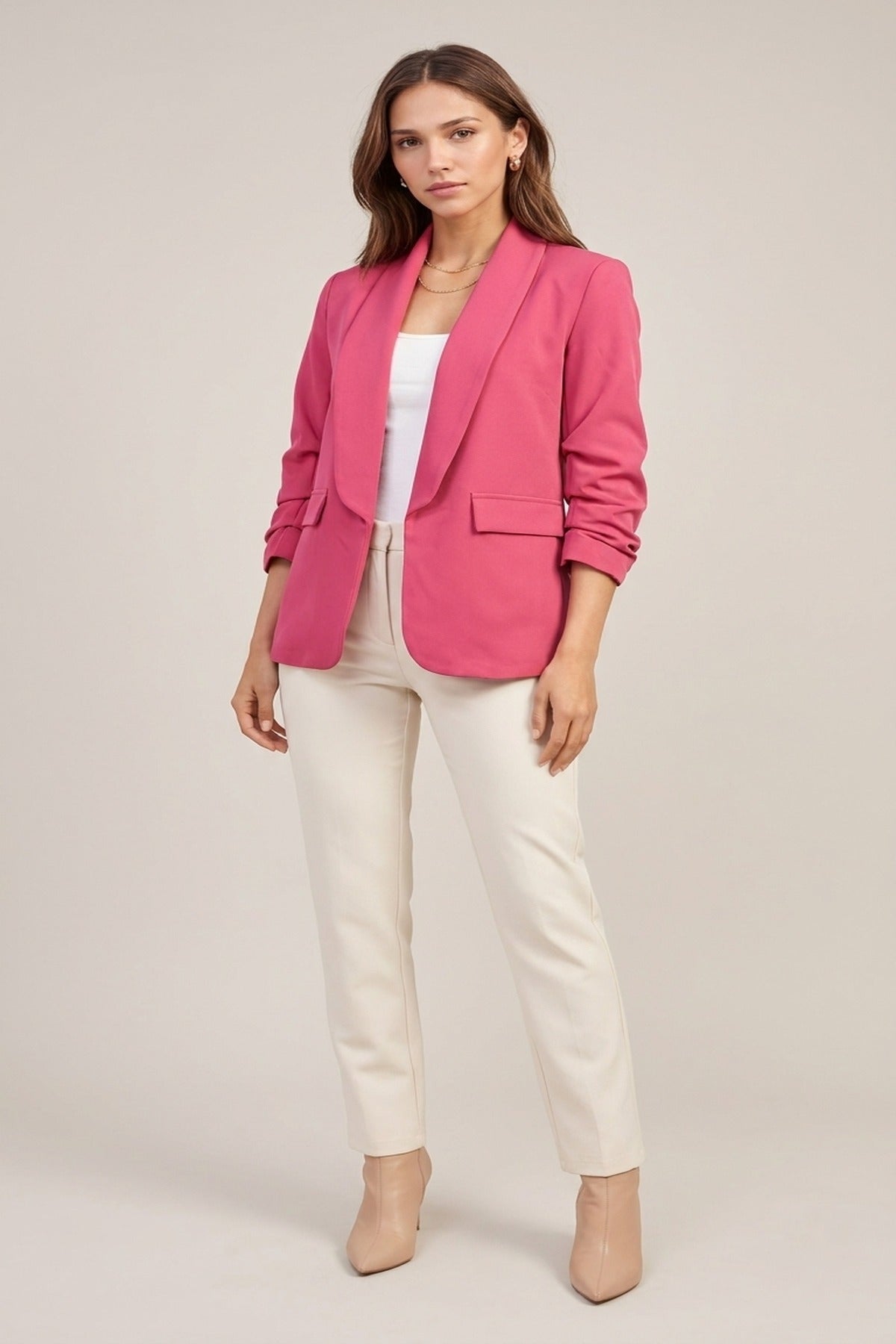 Valerie Ruched Sleeve Open Front Blazer Jacket With Front Pockets - Fuschia
