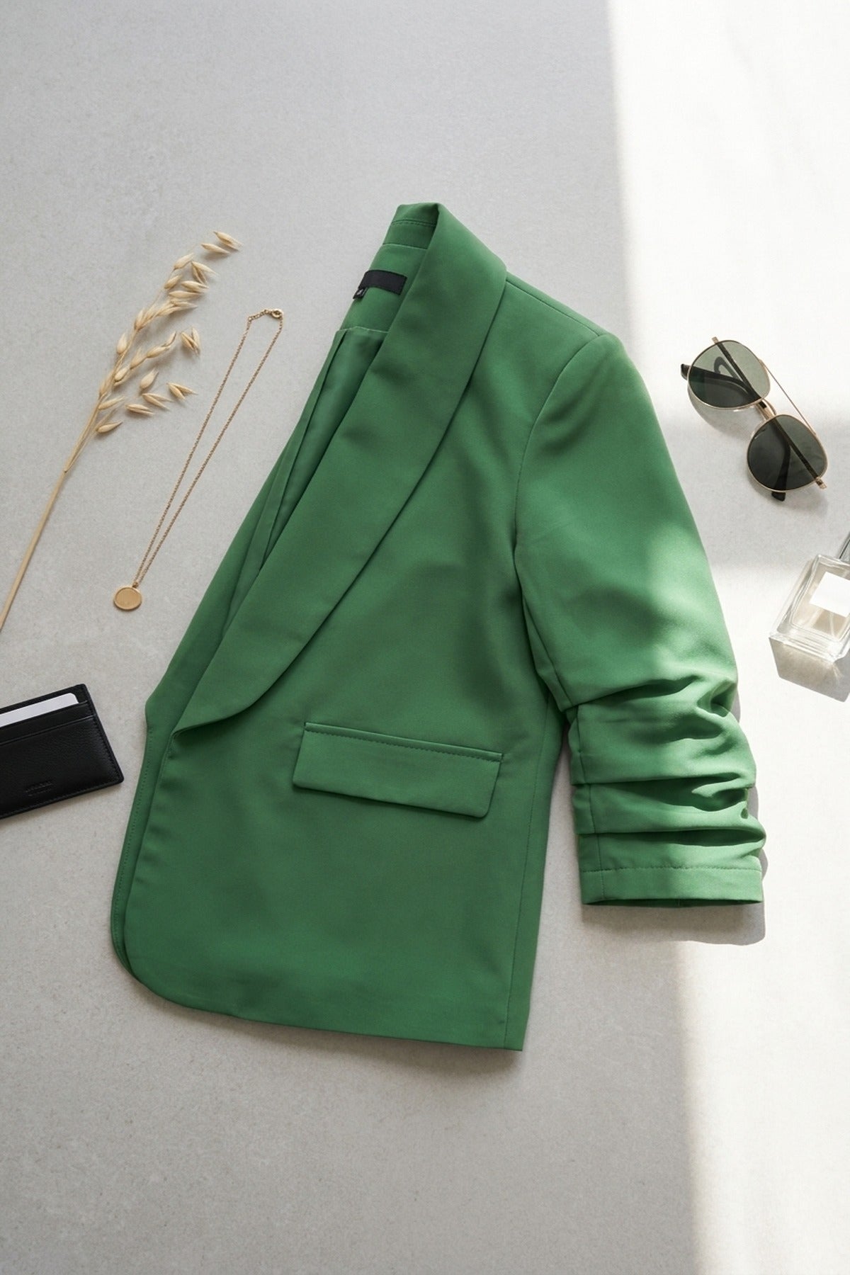 Valerie Ruched Sleeve Open Front Blazer Jacket With Front Pockets - Green