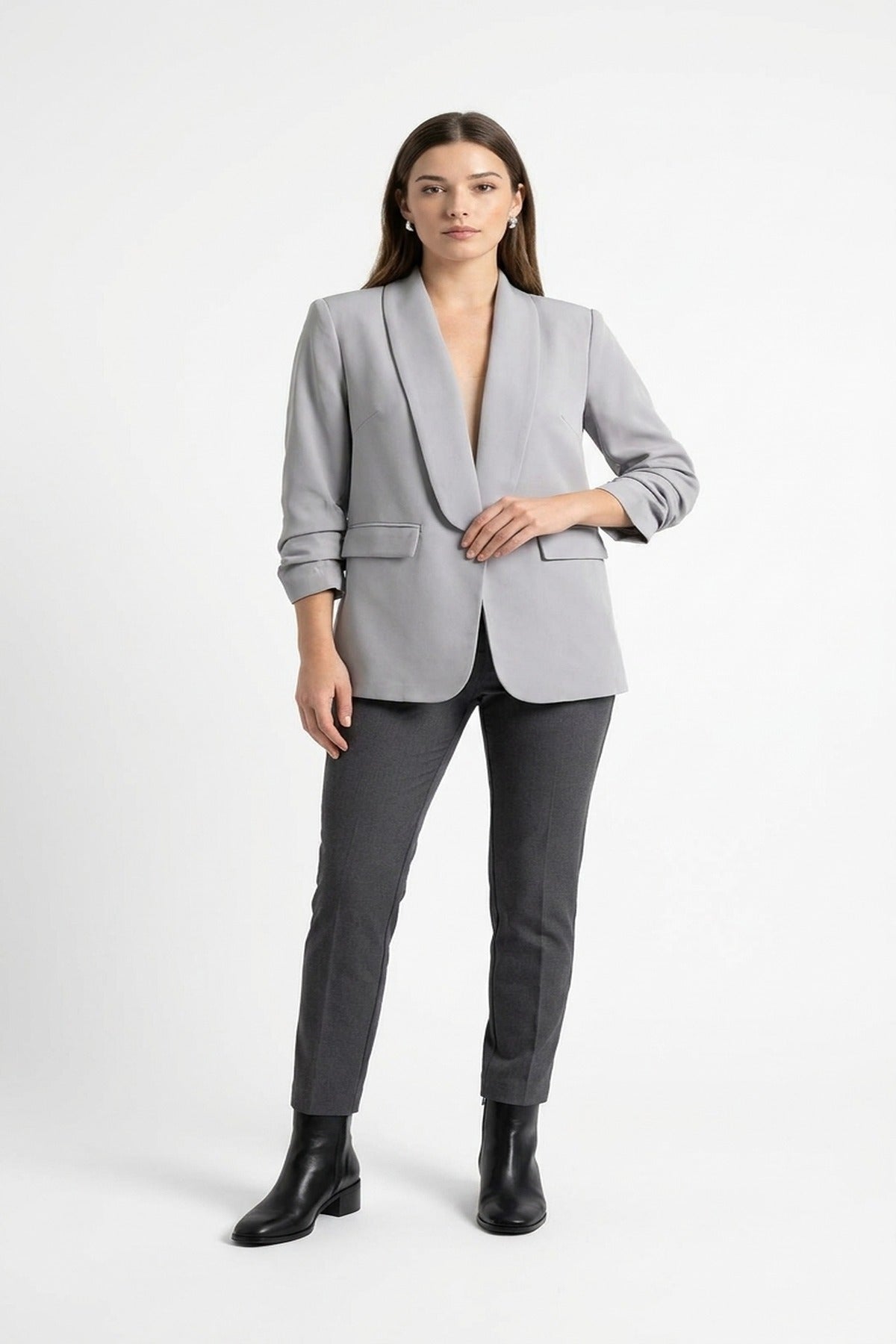 Valerie Ruched Sleeve Open Front Blazer Jacket With Front Pockets - Grey