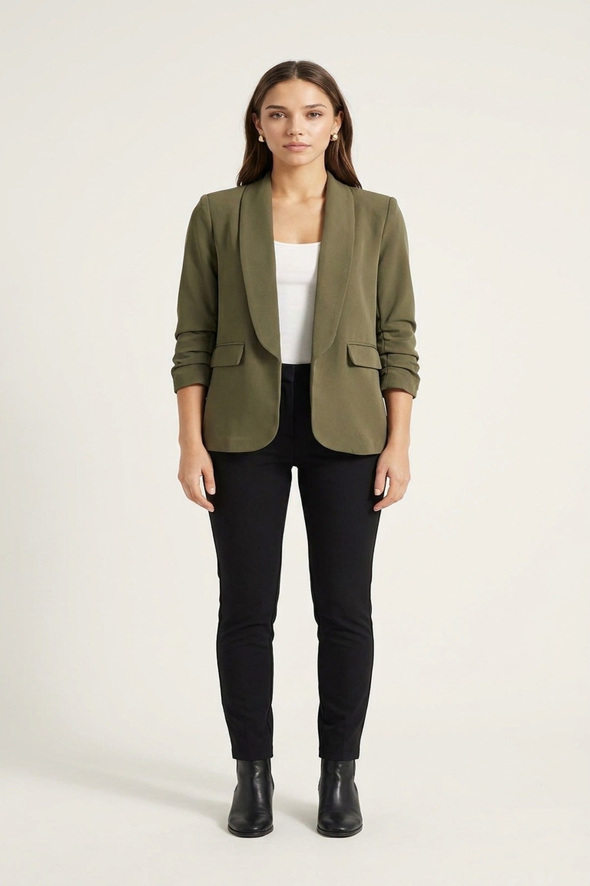 Valerie Ruched Sleeve Open Front Blazer Jacket With Front Pockets - Khaki