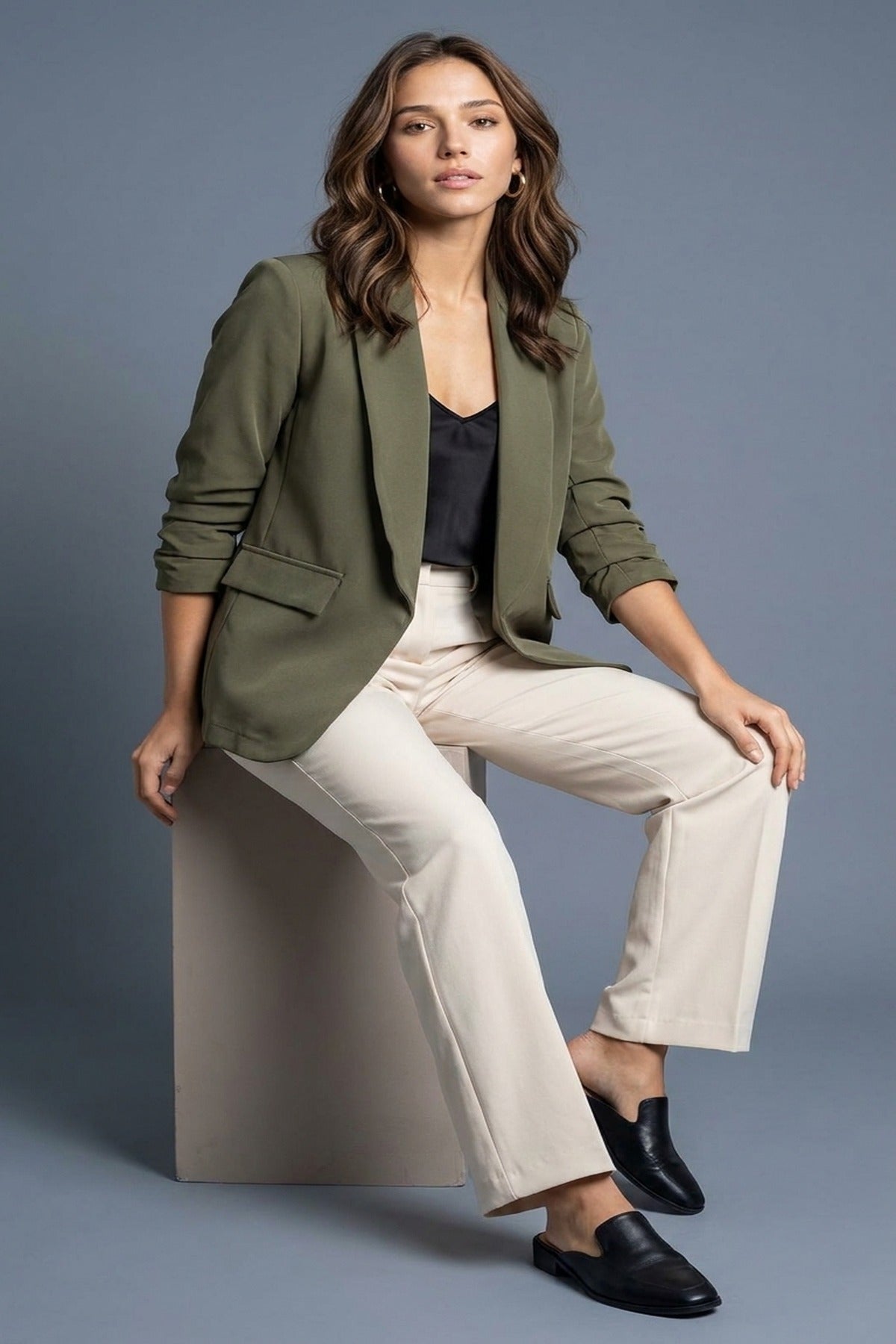 Valerie Ruched Sleeve Open Front Blazer Jacket With Front Pockets - Khaki