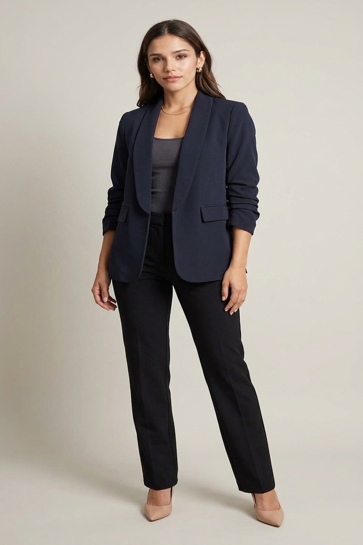 Valerie Ruched Sleeve Open Front Blazer Jacket With Front Pockets - Navy