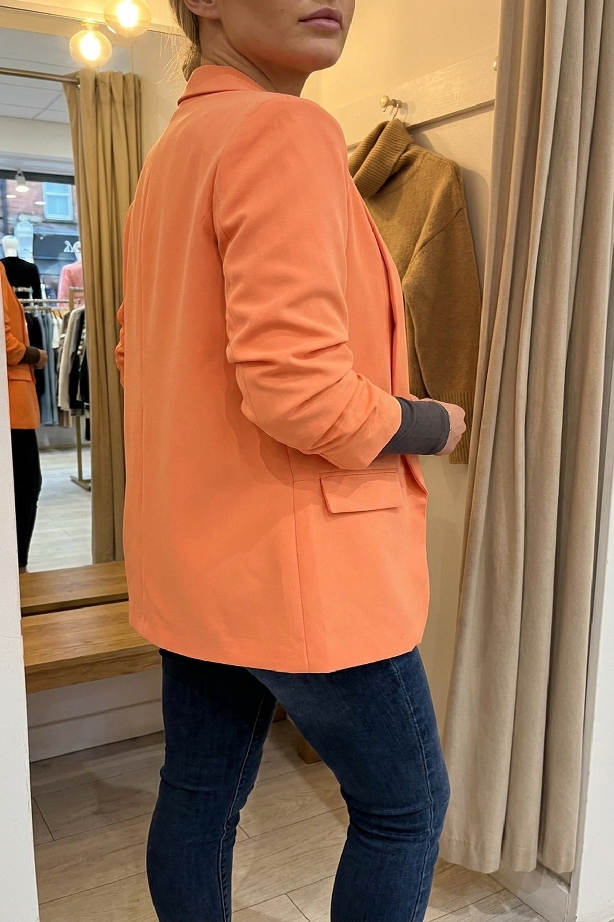 Valerie Ruched Sleeve Open Front Blazer Jacket With Front Pockets - Orange